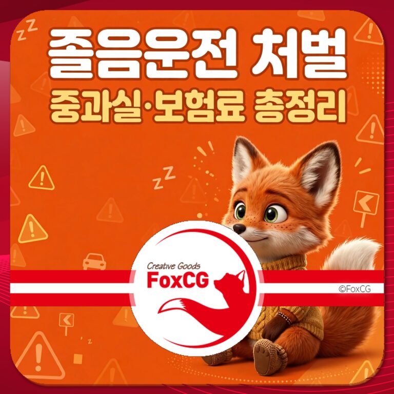 졸음운전 처벌과 중과실 보험료에 대한 정보를 제공하는 이미지, 귀여운 여우 캐릭터가 특징이며 주의 경고 아이콘이 배경에 있음.