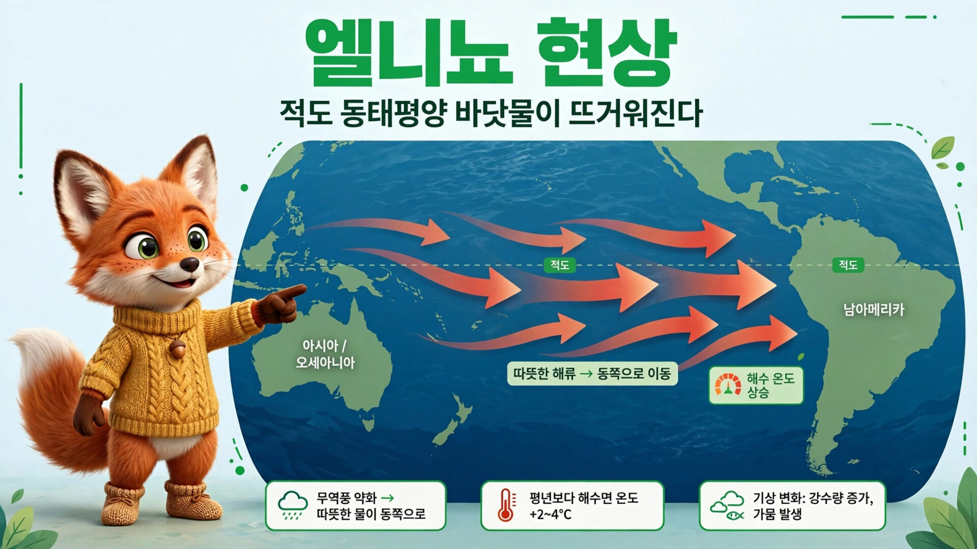 엘니뇨 현상에 대한 설명과 관련된 이미지로, 적도 지역의 따뜻한 바닷물이 이동하는 모습을 보여줍니다. 아시아와 오세아니아, 남아메리카의 위치와 함께 해수 온도 상승 및 기상 변화의 영향을 시각적으로 나타냅니다.