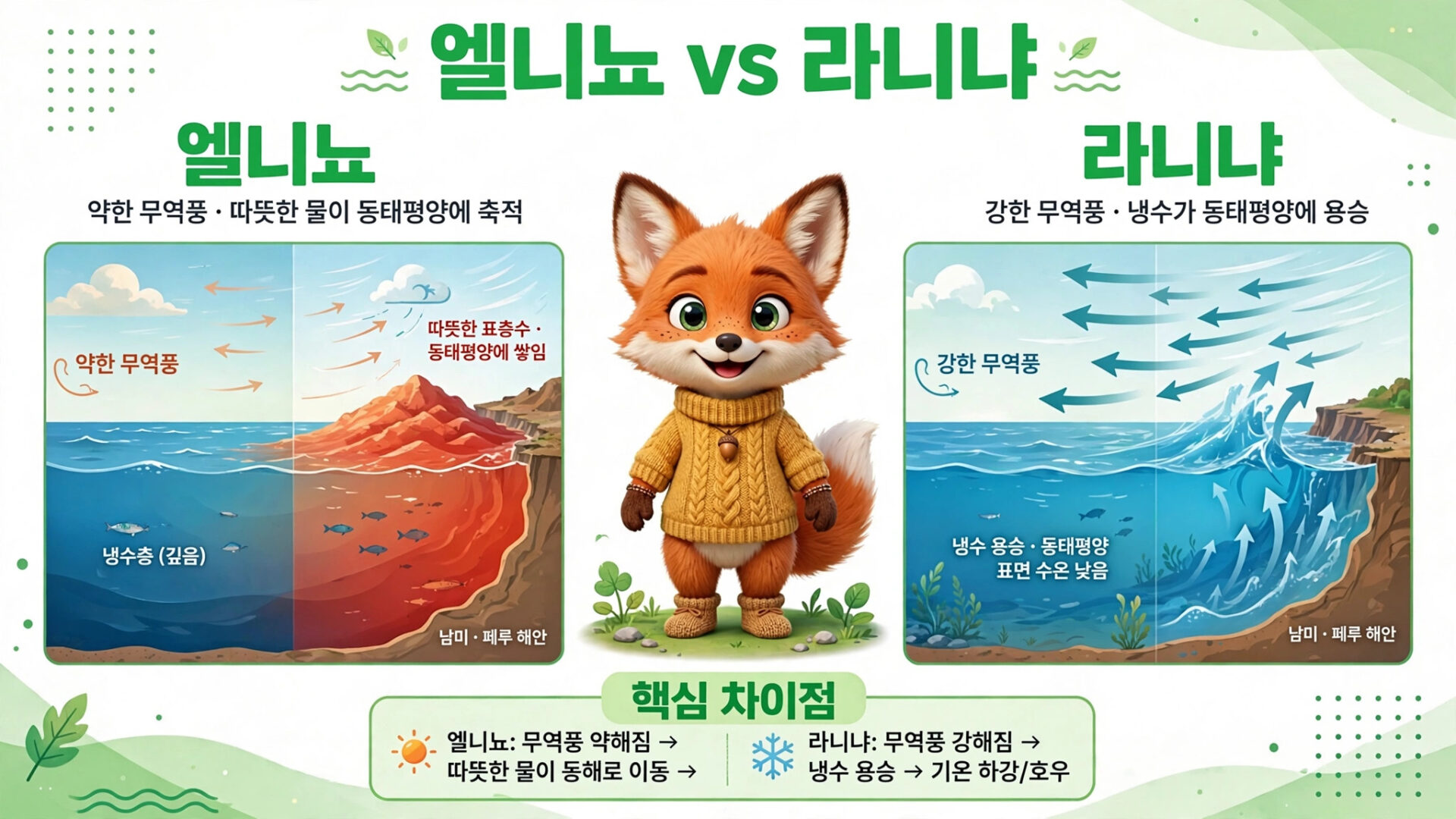 엘니뇨와 라니냐의 비교 이미지, 엘니뇨는 약한 무역풍과 따뜻한 물이 동태평양에 영향을 미치고, 라니냐는 강한 무역풍과 냉수가 동태평양에 작용하는 구조를 시각적으로 설명. 귀여운 여우 캐릭터가 중앙에 위치하여 두 현상의 핵심 차이를 강조.