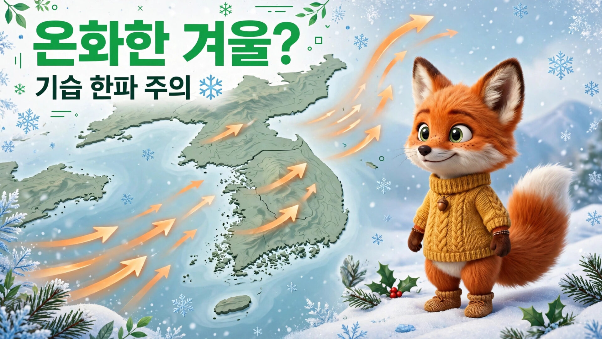 겨울철 기후 변화와 관련된 내용을 담고 있는 귀여운 여우 캐릭터가 등장하는 이미지로, 한국 지도를 배경으로 기온 상승과 관련된 화살표가 표시되어 있습니다.