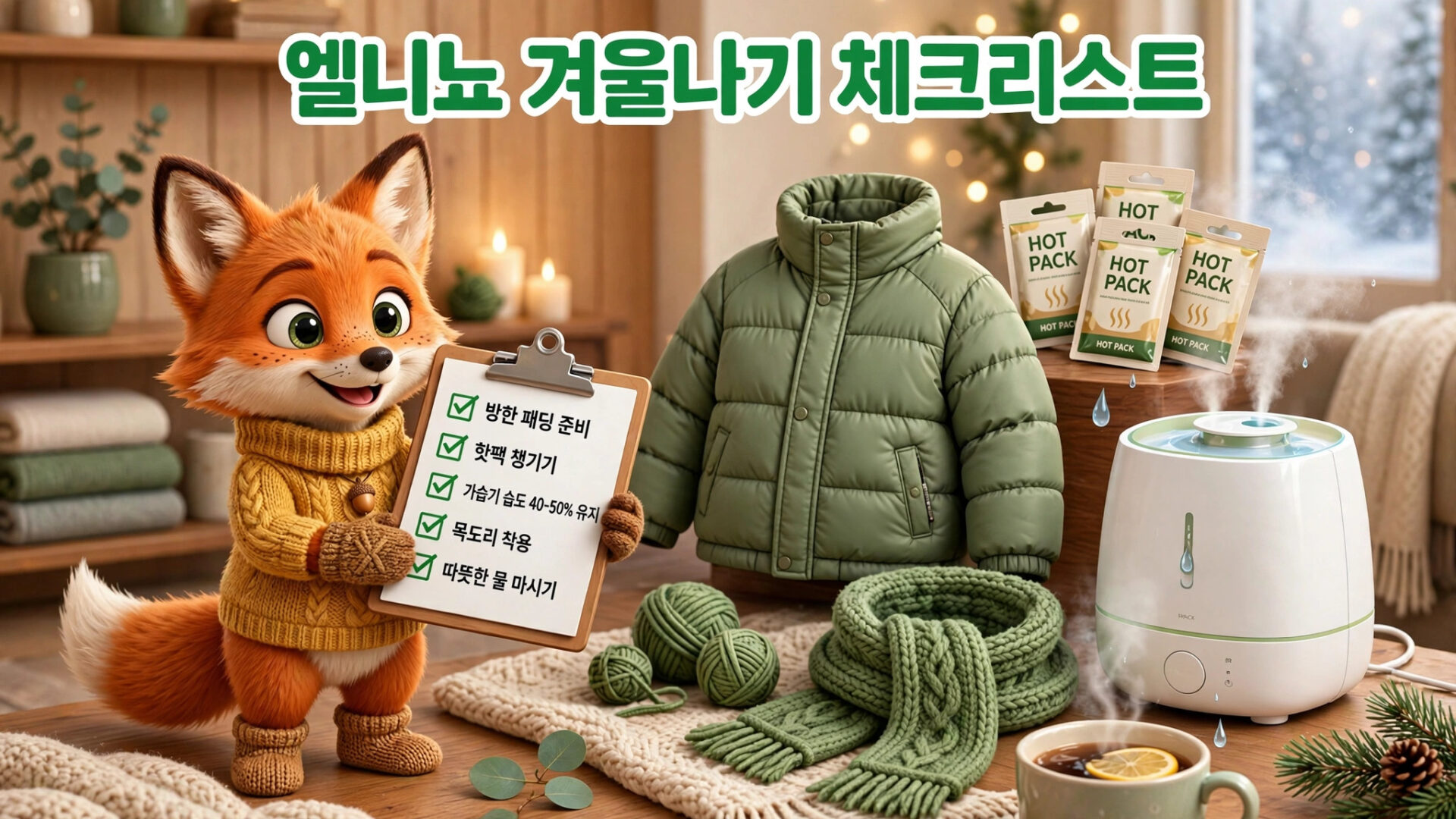 겨울철 따뜻한 준비를 위한 체크리스트 이미지, 귀여운 여우 캐릭터가 방한 패딩, 핫팩, 가습기, 목도리 등을 소개하며 따뜻한 겨울을 위한 팁을 제공하는 장면.