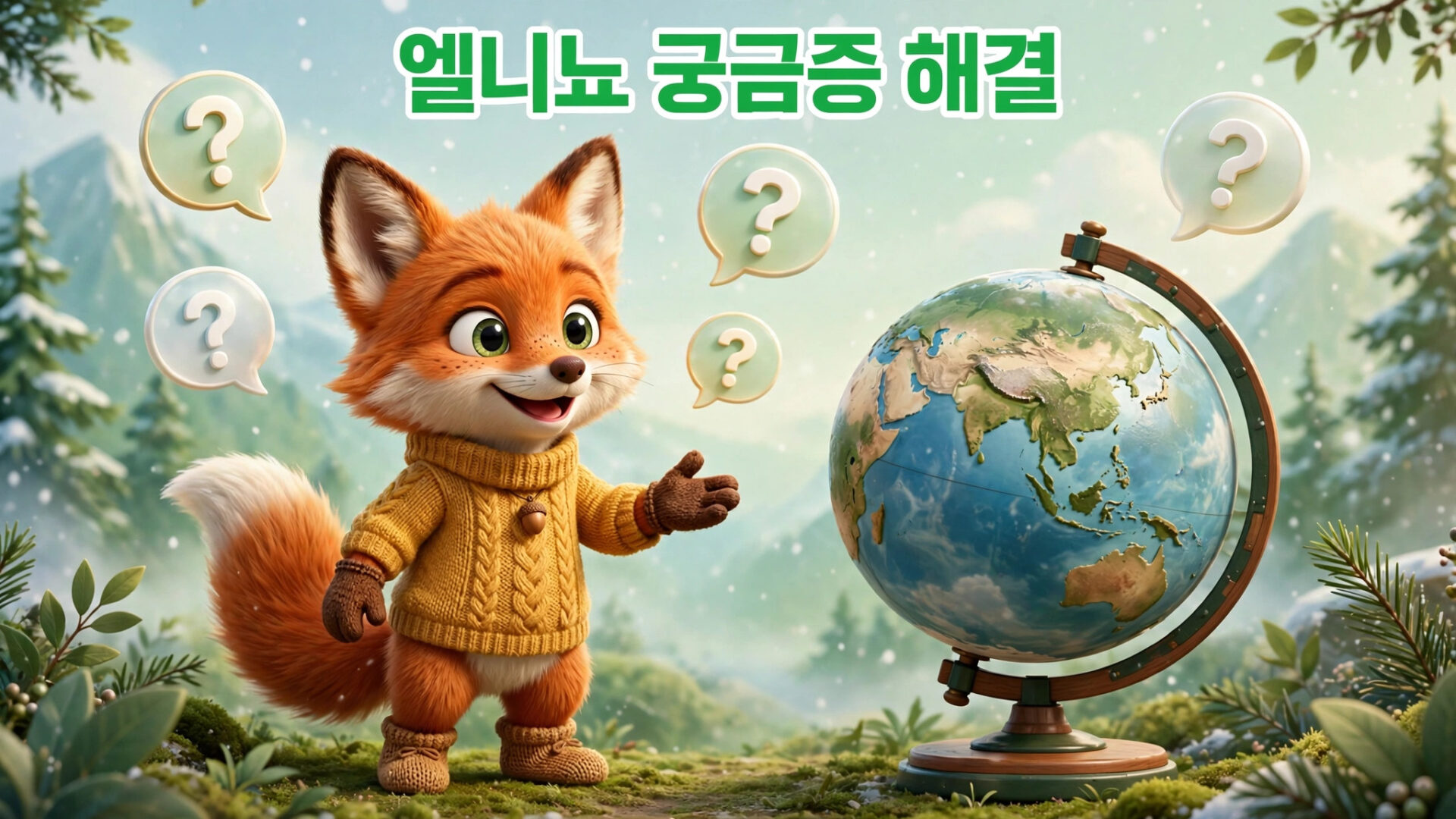 귀여운 여우 캐릭터가 지구본 옆에서 질문 기호와 함께 웃고 있는 모습. 배경은 자연 풍경으로, 엘니뇨에 대한 호기심을 표현하고 있습니다.
