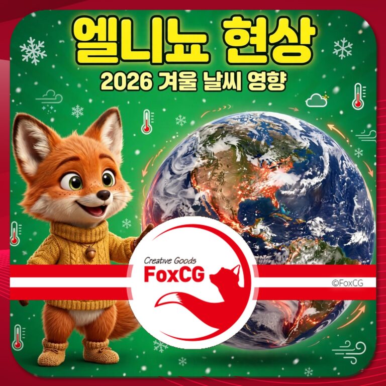엘니뇨 현상과 2026 겨울 날씨 영향을 주제로 한 이미지, 귀여운 여우 캐릭터가 지구를 배경으로 서 있음. 배경은 녹색으로 눈송이와 기온계 아이콘이 포함되어 있음.