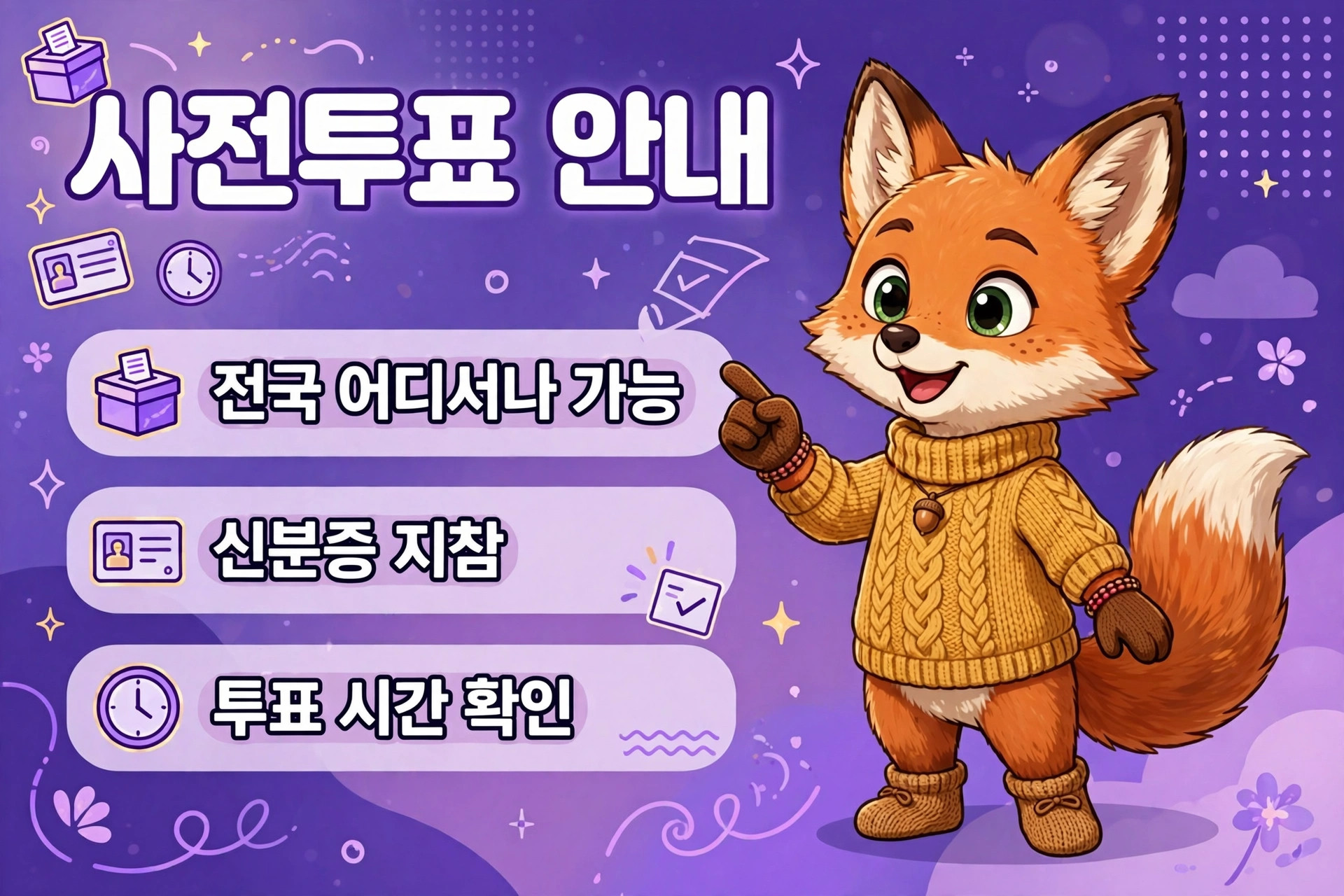사전투표 안내 이미지로, 전국 어디서나 가능한 투표 방법과 신분증 지참 필요성, 투표 시간 확인에 대한 정보를 제공하는 귀여운 여우 캐릭터가 등장하는 일러스트.