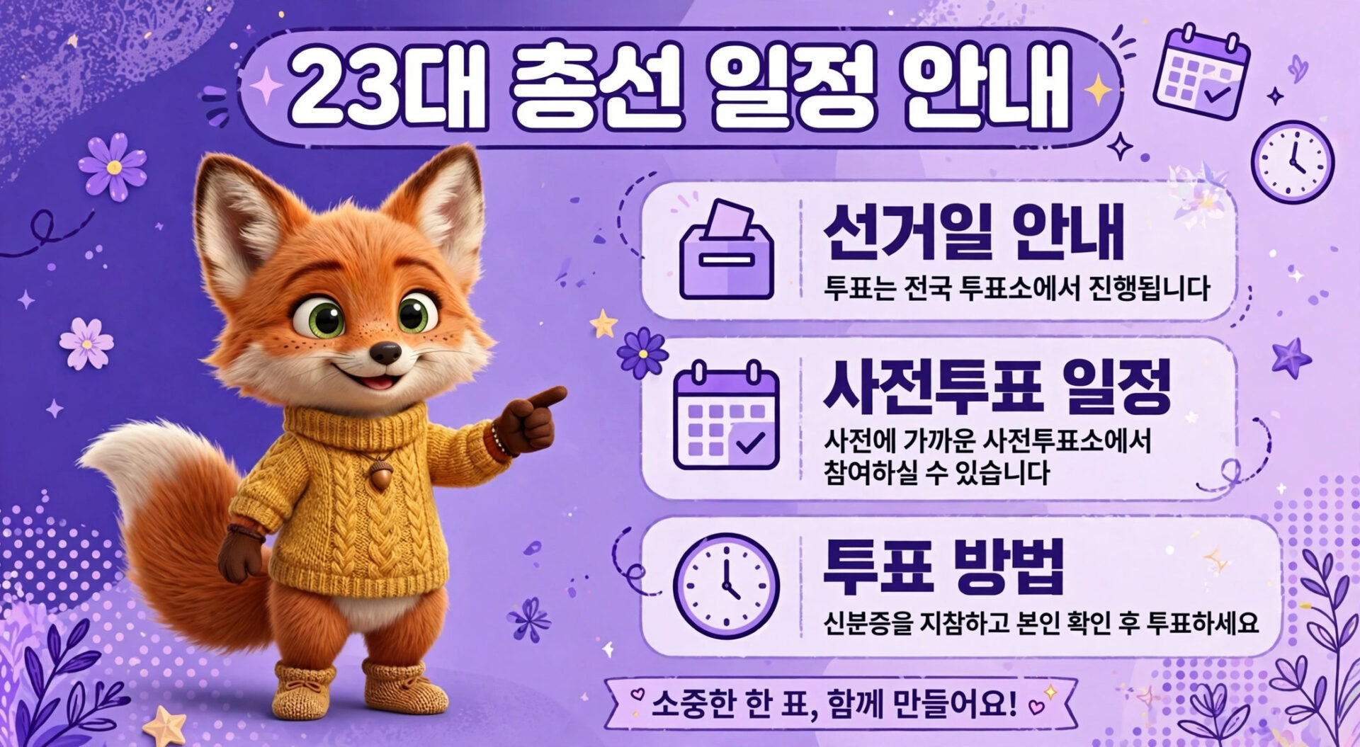 23대 총선 일정 안내 이미지, 귀여운 여우 캐릭터가 등장하며 선거일, 사전투표 일정, 투표 방법을 소개하는 내용 포함. 배경은 보라색으로 장식되어 있음.