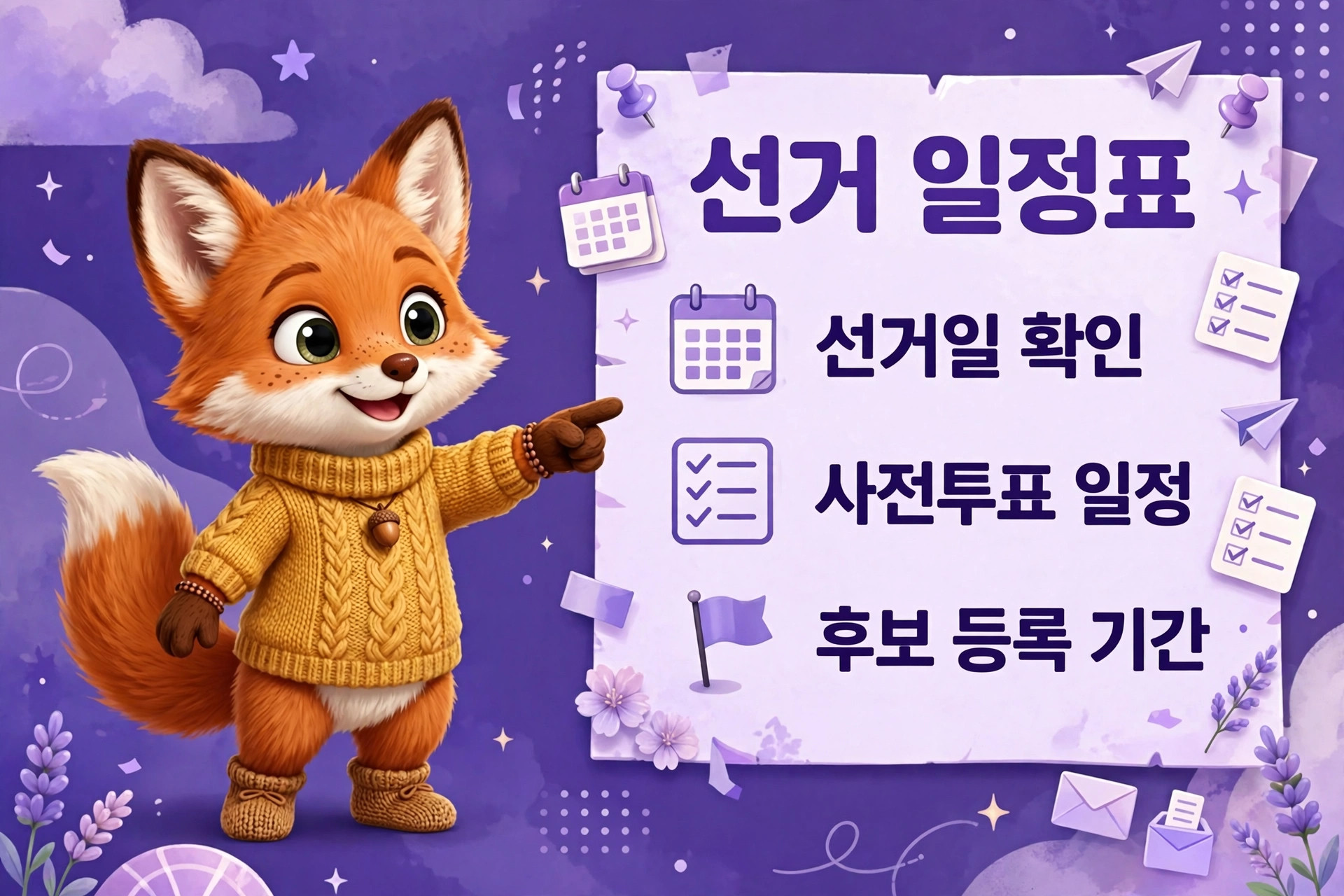 선거 일정 안내를 위한 귀여운 여우 캐릭터가 등장하는 이미지로, 선거일 확인, 사전투표 일정, 후보 등록 기간 등의 정보를 강조하고 있습니다. 배경은 보라색이며, 다양한 아이콘과 장식이 포함되어 있습니다.
