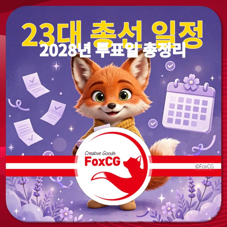 2028년 투표일 및 주요 일정이 담긴 23대 총선 일정 안내 이미지, 귀여운 여우 캐릭터와 캘린더, 체크리스트 요소 포함.