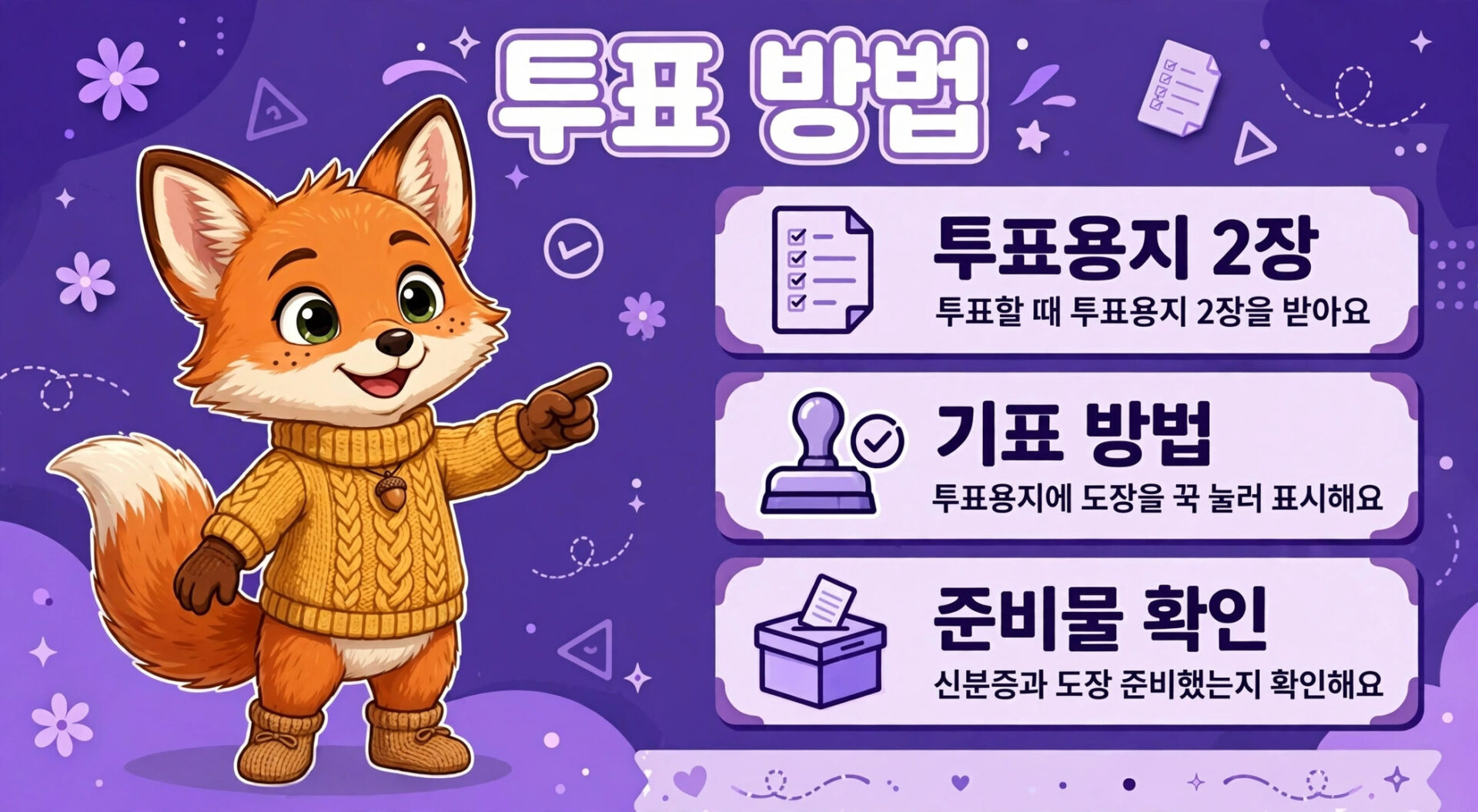 투표 방법 안내 이미지로, 투표용지 2장 수령, 기표 방법 및 준비물 확인에 대한 정보를 제공하는 귀여운 여우 캐릭터가 등장. 2028년 총선과 관련된 투표 절차를 쉽게 이해할 수 있도록 설명.