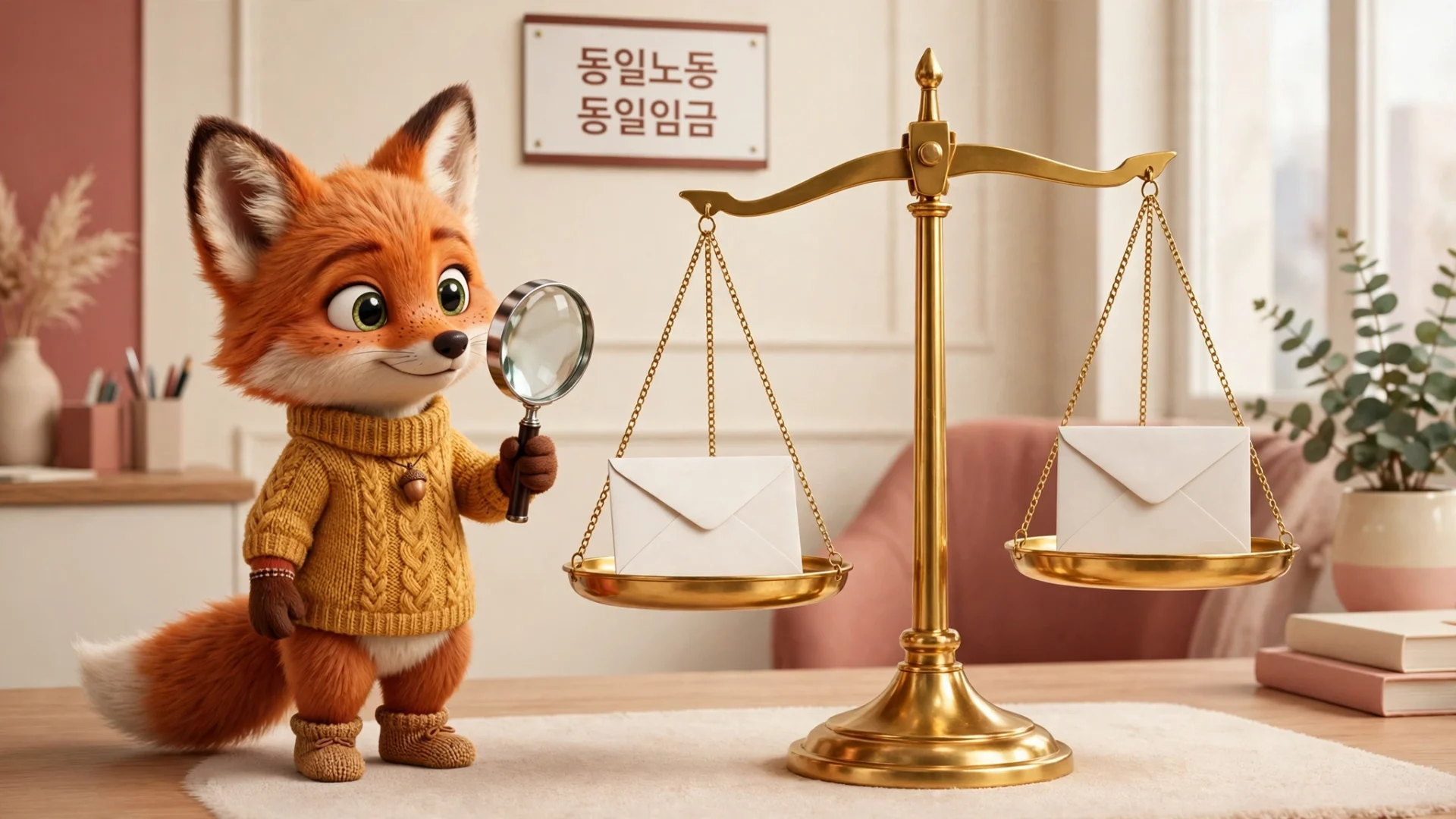 동일노동 동일임금 저울 — 같은 가치의 노동에 같은 임금을 상징하는 저울과 여우