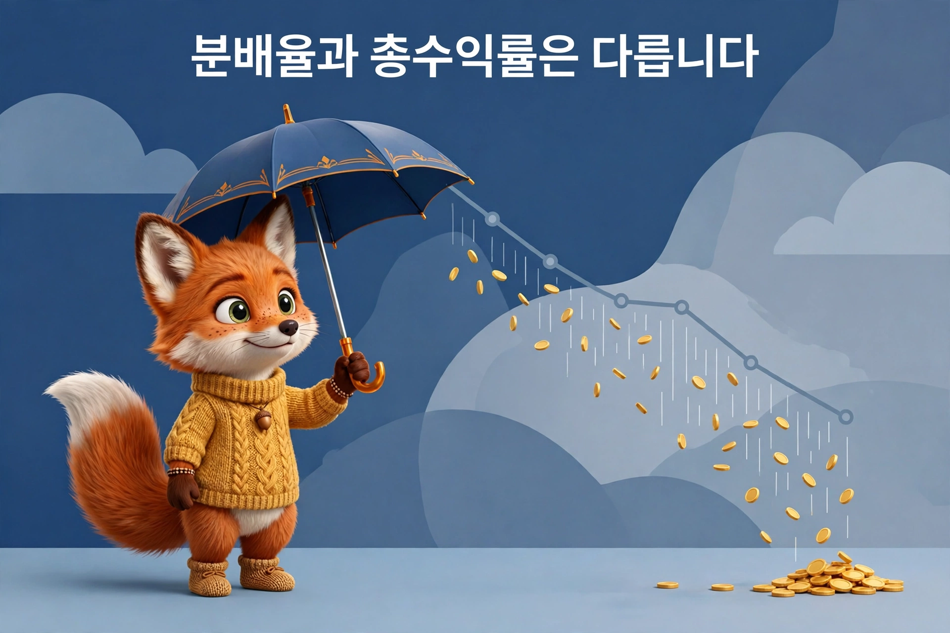 하락하는 차트 앞에서 우산을 든 여우 캐릭터 일러스트