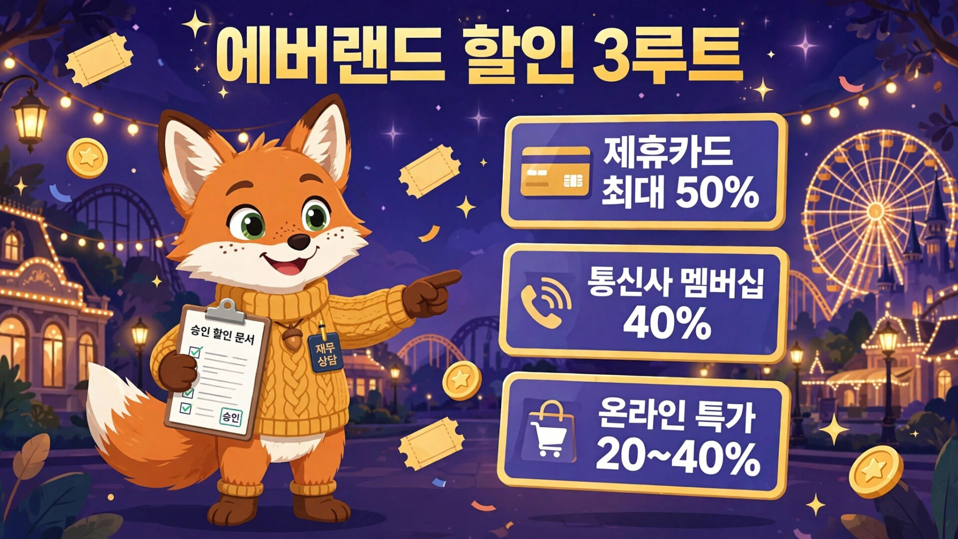 에버랜드 할인 정보 이미지, 할인 혜택: 제휴카드 최대 50%, 통신사 멤버십 40%, 온라인 특가 20~40%. 귀여운 여우 캐릭터가 할인 문서를 들고 있는 모습. 배경에는 놀이공원과 조명 장식이 보임.