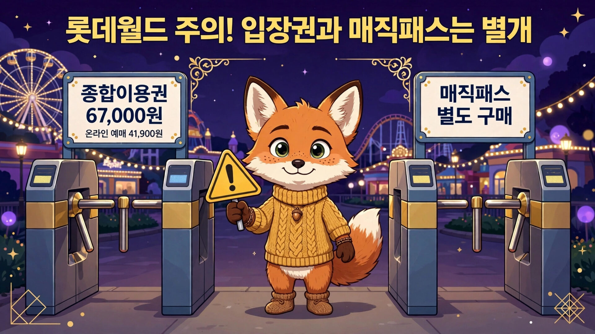 롯데월드 입장권과 매직패스 정보를 안내하는 귀여운 여우 캐릭터. 종합이용권 가격 67,000원, 온라인 예매 41,900원, 매직패스는 별도 구매 필요. 놀이공원 배경과 함께 즐거운 분위기 전달.