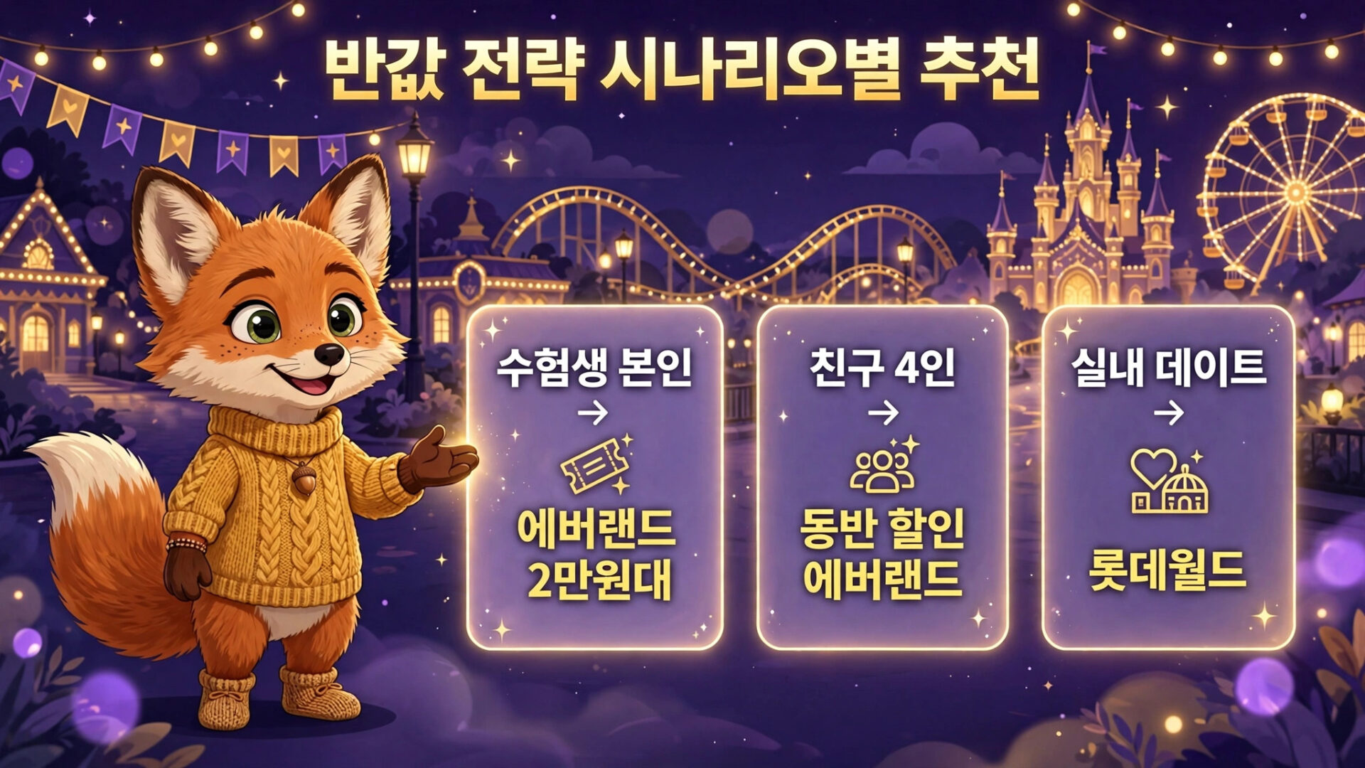 귀여운 여우 캐릭터가 노란 스웨터를 입고 손짓하며, 에버랜드와 롯데월드에 대한 다양한 할인 및 추천 정보를 제공하는 이미지. 배경은 밤하늘과 조명이 있는 놀이공원 풍경으로 꾸며져 있음.