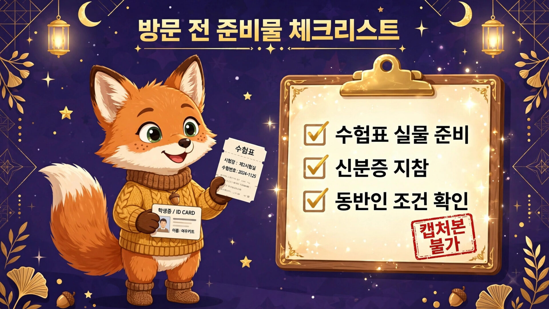 방문 전 준비물 체크리스트를 들고 있는 귀여운 여우 캐릭터가 있는 이미지로, 체크리스트 항목에는 수험표 실물 준비, 신분증 지참, 동반인 조건 확인이 포함되어 있습니다. 배경은 별과 달로 장식된 밤하늘입니다.