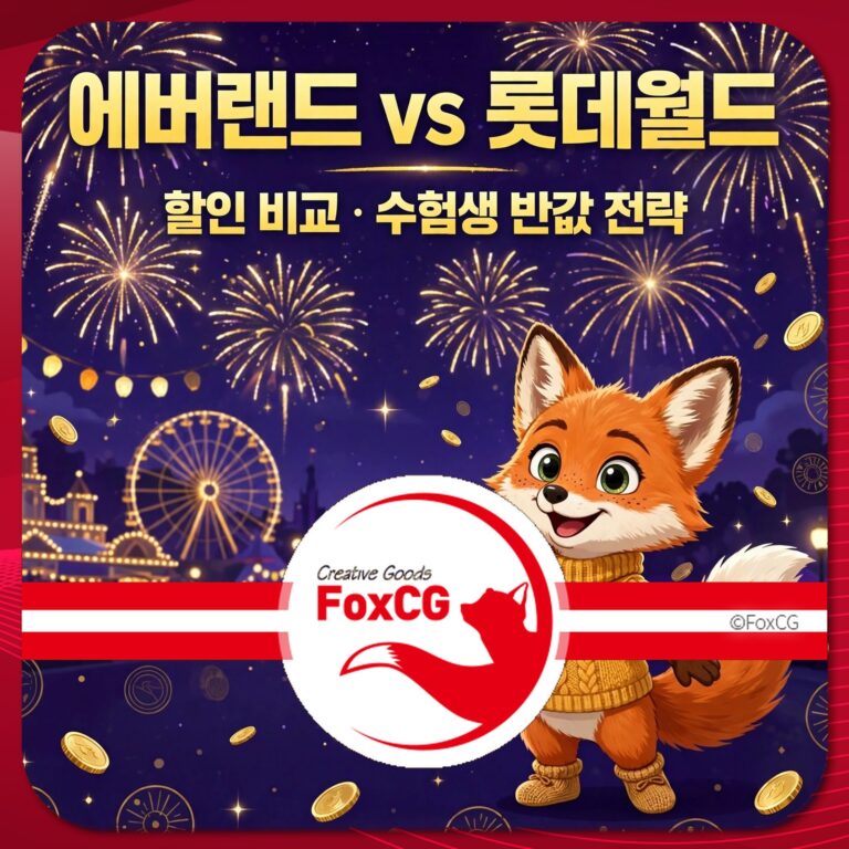 에버랜드와 롯데월드의 할인 비교 및 수험생 반값 전략을 주제로 한 이미지로, 배경에는 불꽃놀이와 놀이공원 풍경이 담겨 있습니다. 귀여운 여우 캐릭터가 중앙에 위치해 있으며, 브랜드 로고인 'Creative Goods FoxCG'가 포함되어 있습니다.