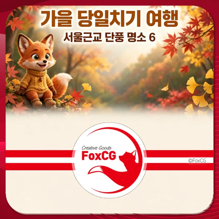 가을 풍경 속 앉아 있는 귀여운 여우 캐릭터, 서울 근교 단풍 명소 6을 소개하는 이미지.