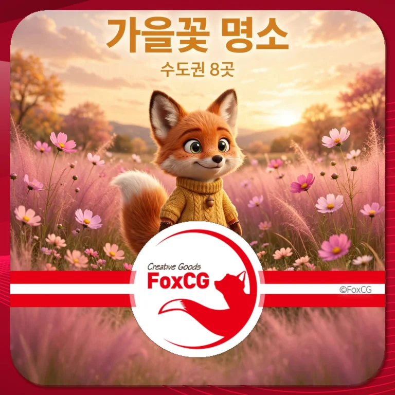 가을꽃 명소를 배경으로 한 귀여운 여우 캐릭터가 노란색 스웨터를 입고 웃고 있는 이미지. 화사한 꽃들이 만발한 풍경에서 따뜻한 느낌을 주며, FoxCG 로고가 포함되어 있습니다.