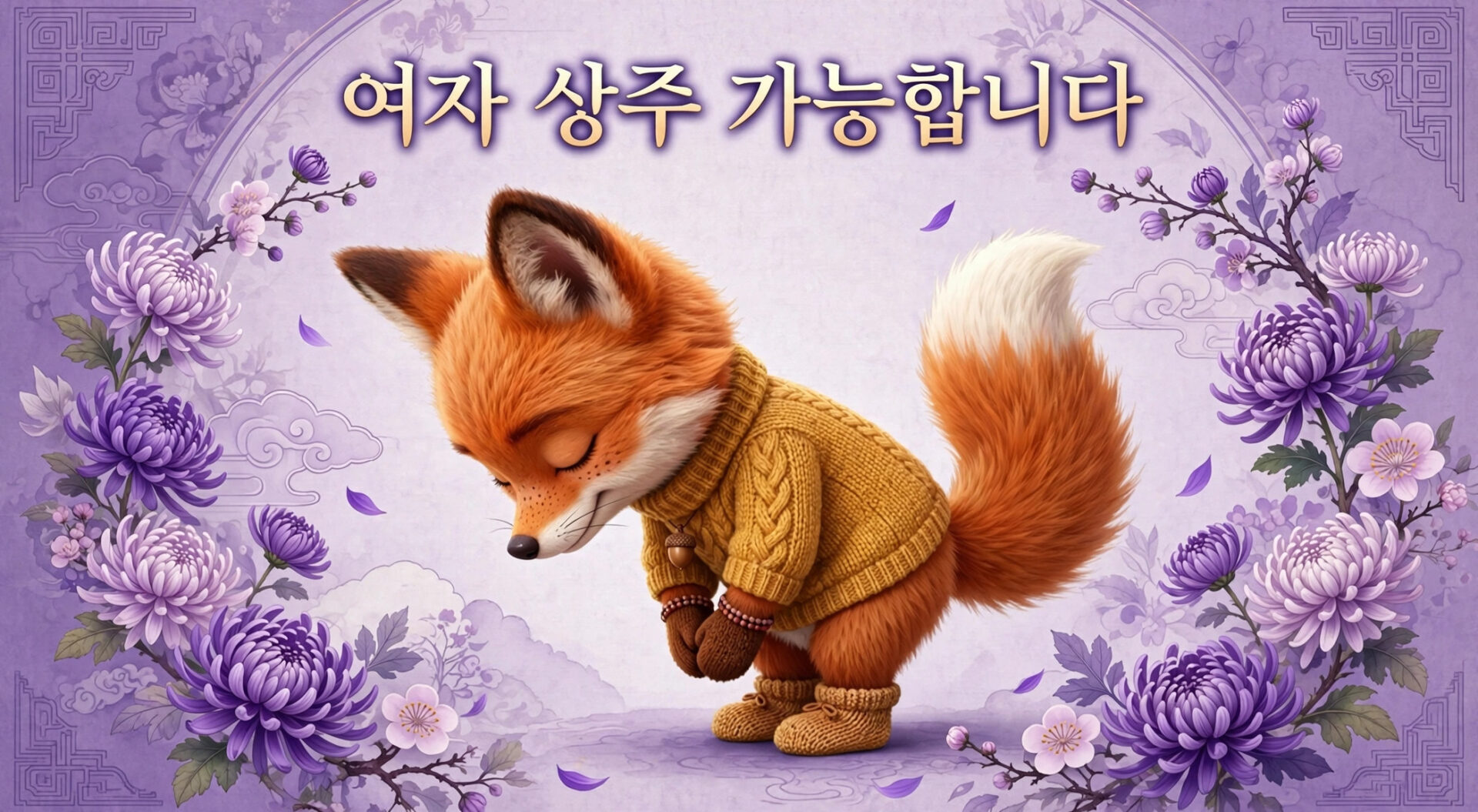 귀여운 여우가 노란 스웨터를 입고 손을 모아 인사하는 모습. 배경은 보라색 꽃과 구름 패턴으로 장식되어 있으며, "여자 상주 가능합니다"라는 문구가 적혀 있습니다.