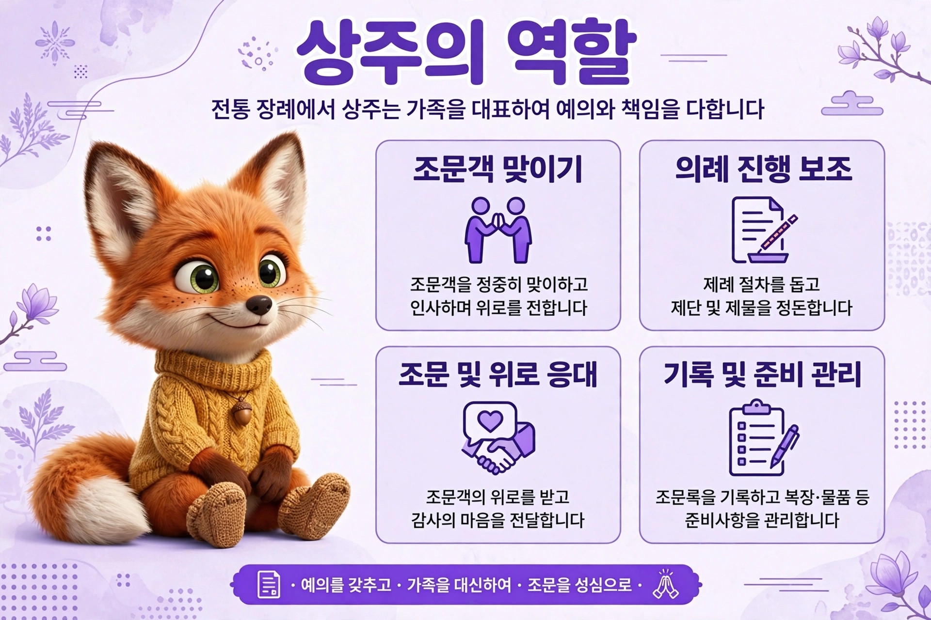 상주의 역할을 설명하는 이미지로, 귀여운 여우 캐릭터가 노란색 스웨터를 입고 앉아 있으며, 주위에는 전통적인 장례와 관련된 정보가 담긴 글과 아이콘이 포함되어 있습니다. 이 이미지는 조문객 맞이, 의례 진행 보조, 조문 및 위로 응대, 기록 및 준비 관리에 대한 내용을 전달합니다.