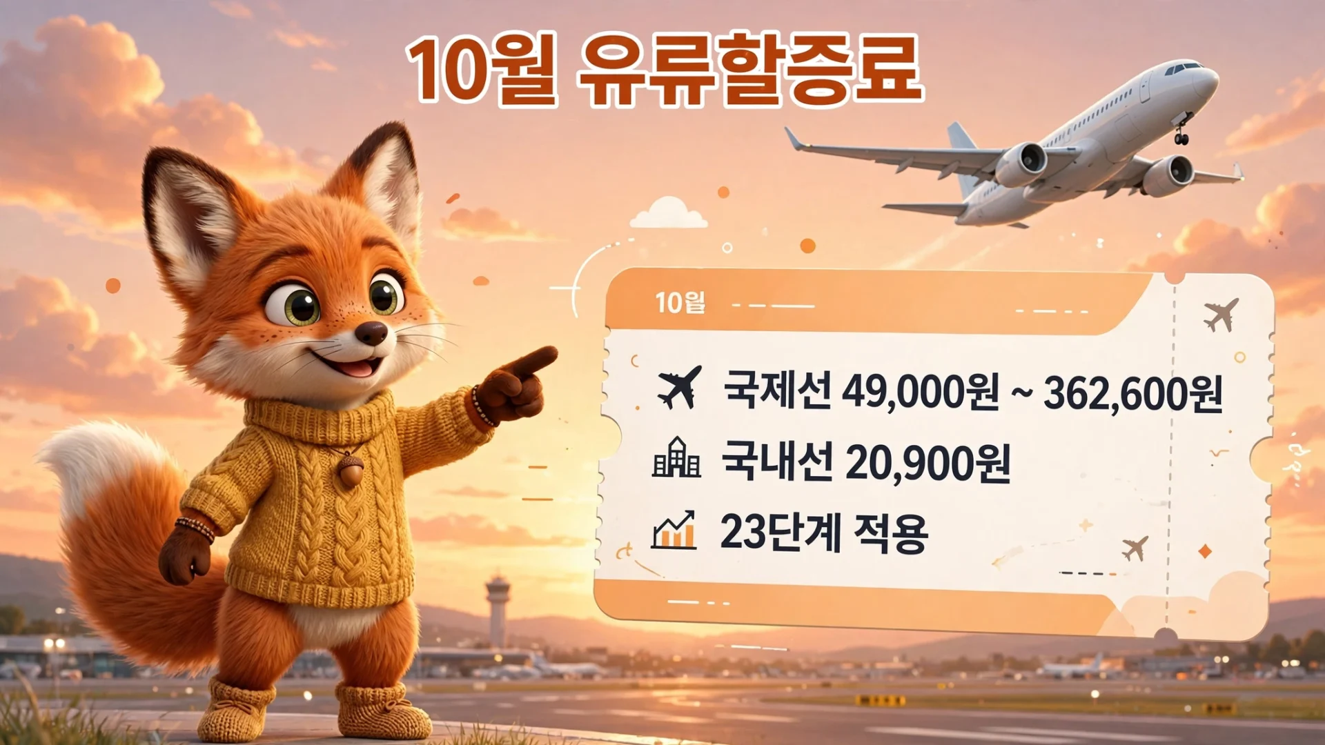 10월 유류할증료 개요 — 국제선 49,000원~362,600원, 국내선 20,900원