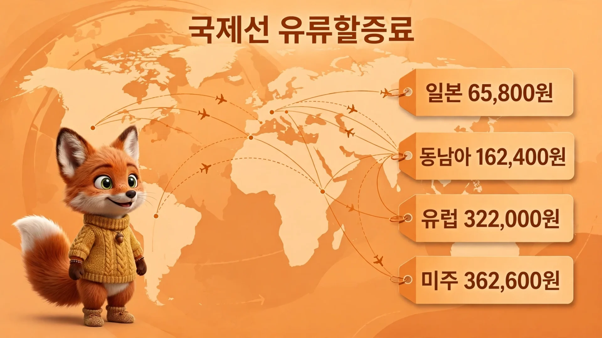 국제선 구간별 유류할증료 — 일본 65,800원, 동남아 162,400원, 유럽 322,000원, 미주 362,600원