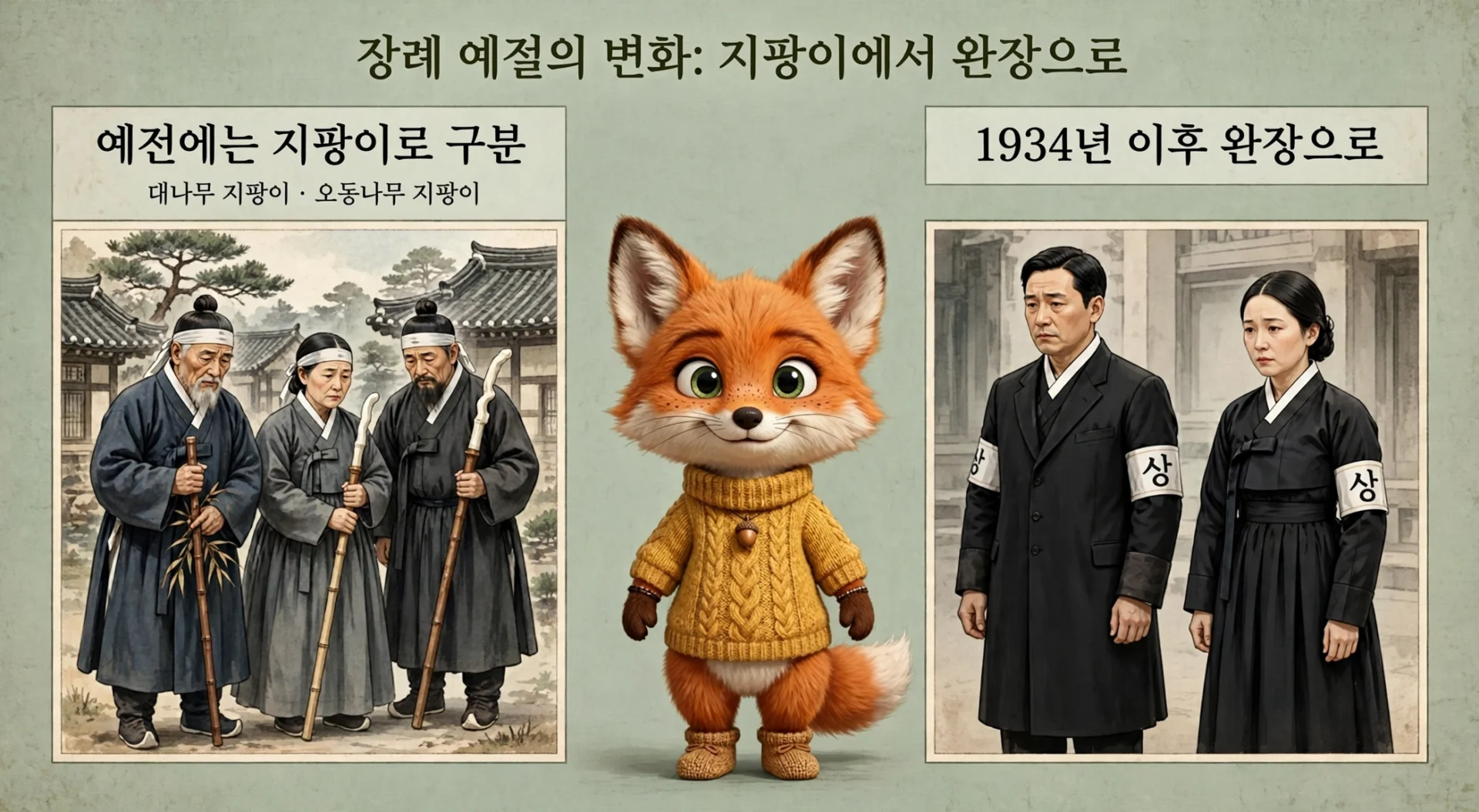 전통 의상과 현대 의상을 비교하는 이미지로, 왼쪽에는 조선 시대 인물들이 전통 복장을 입고 있고, 오른쪽에는 1934년 이후의 현대적 의상을 입은 인물들이 서 있다. 가운데에는 귀여운 여우 캐릭터가 노란색 스웨터를 입고 서 있다.