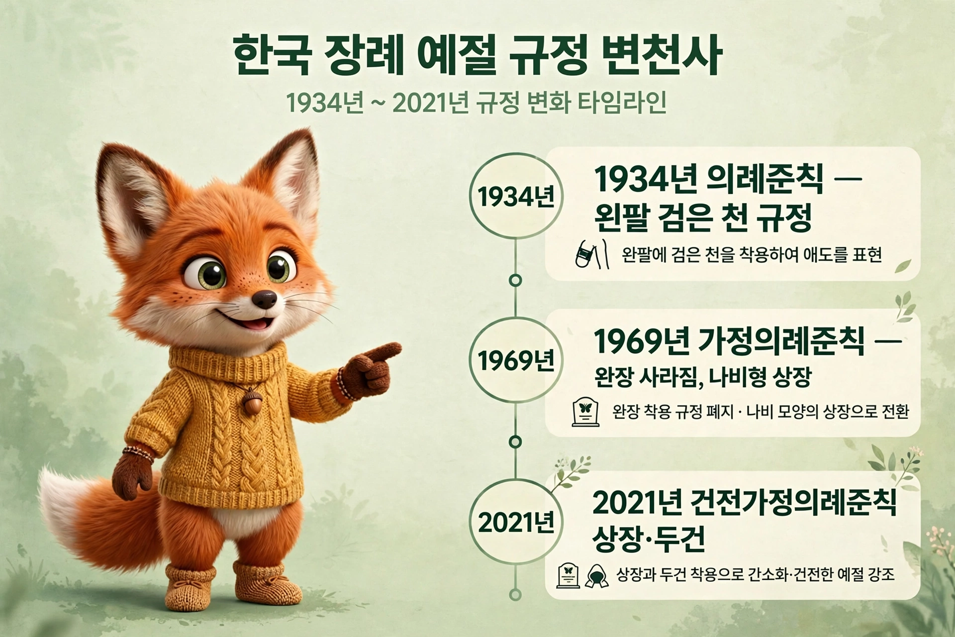 한국 장례 예절 규정 변천사 타임라인, 1934년부터 2021년까지의 주요 변화와 관련된 정보. 귀여운 여우 캐릭터가 노란 스웨터를 입고 손가락으로 가리키고 있는 모습.