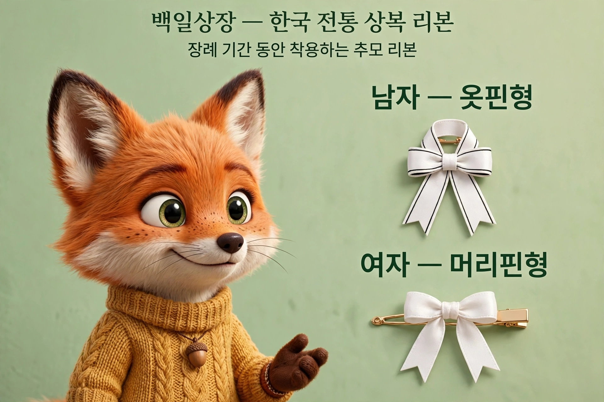 여우 캐릭터가 노란 스웨터를 입고 웃고 있으며, 배경에는 한국 전통 상복 리본 스타일의 남자용 옷핀과 여자용 머리핀 이미지가 나열되어 있는 장면.