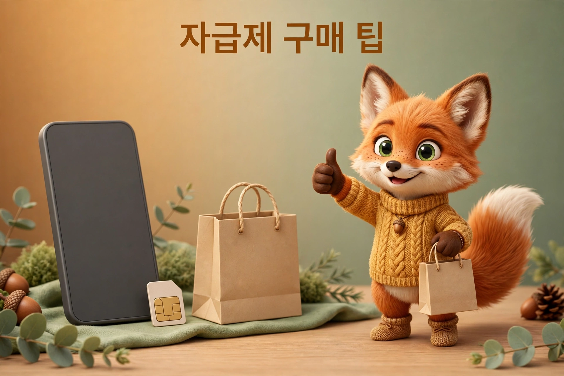 갤럭시 S27 자급제 구매 팁을 안내하는 여우 캐릭터와 유심 개념 일러스트