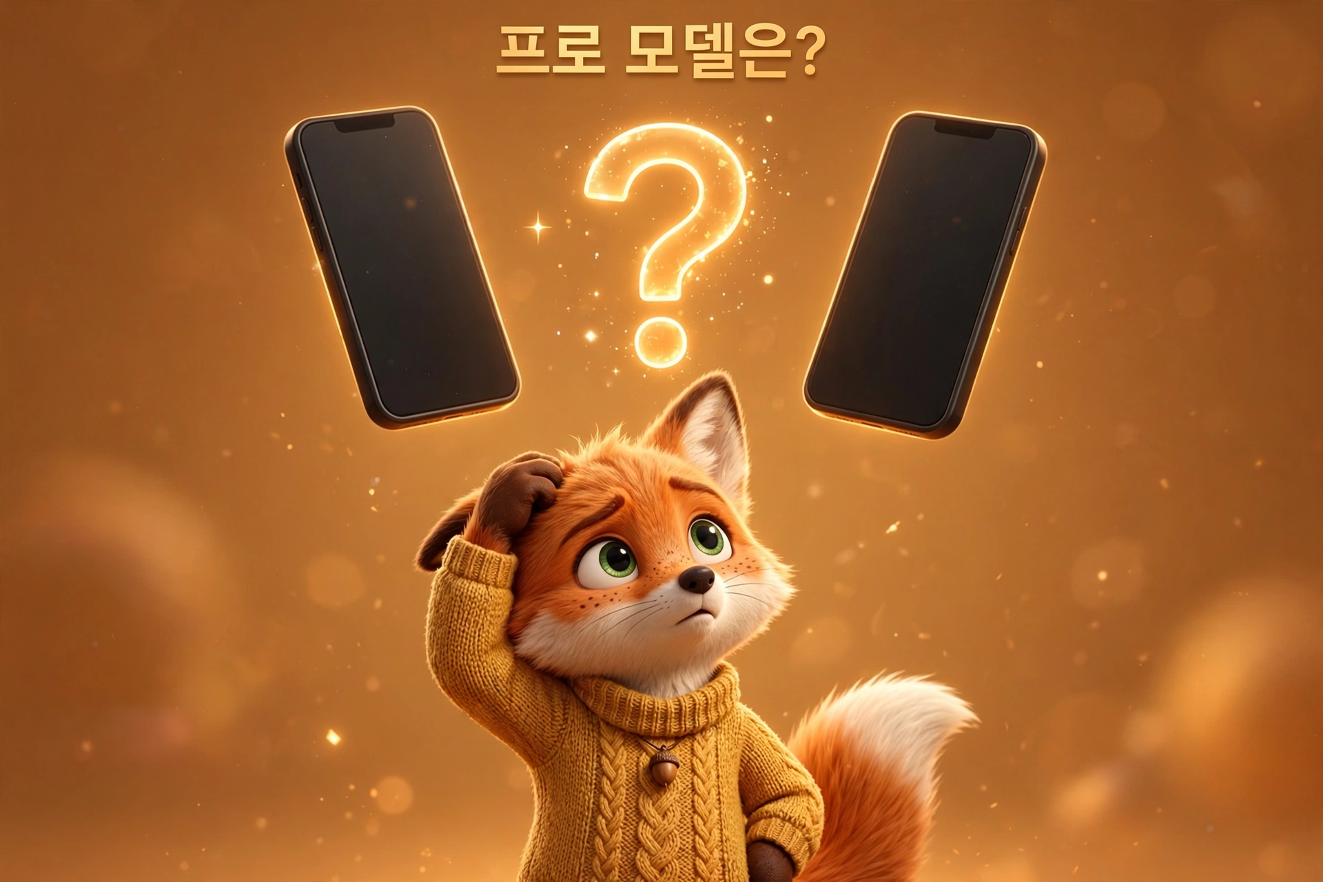 갤럭시 S27 프로 모델 존폐 루머를 고민하는 여우 캐릭터 개념 일러스트