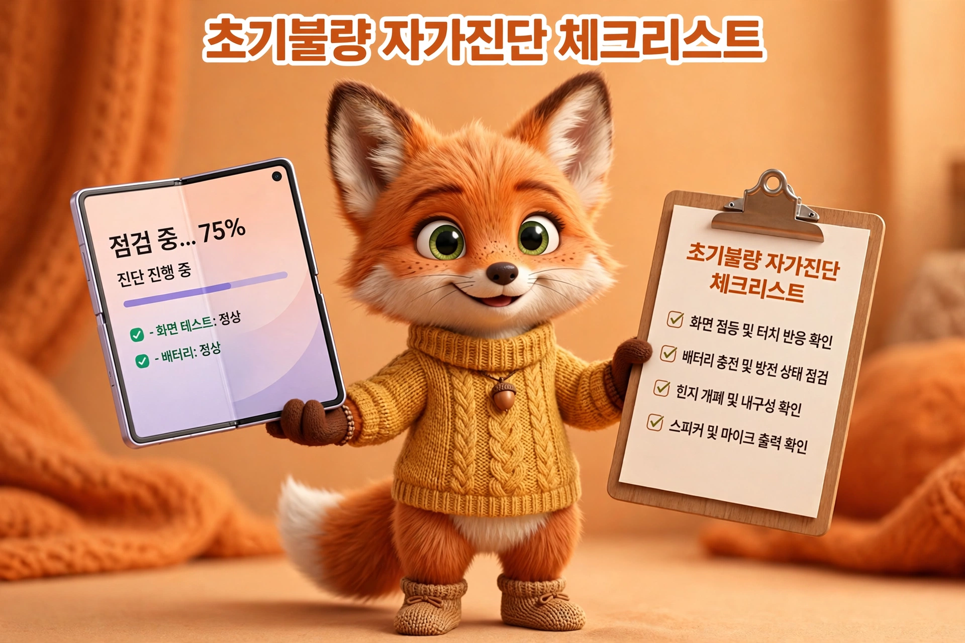 귀여운 여우 캐릭터가 체크리스트와 스마트폰을 들고 있으며, 화면 점검과 배터리 상태 점검을 위한 자가 진단 중임을 나타내는 이미지.