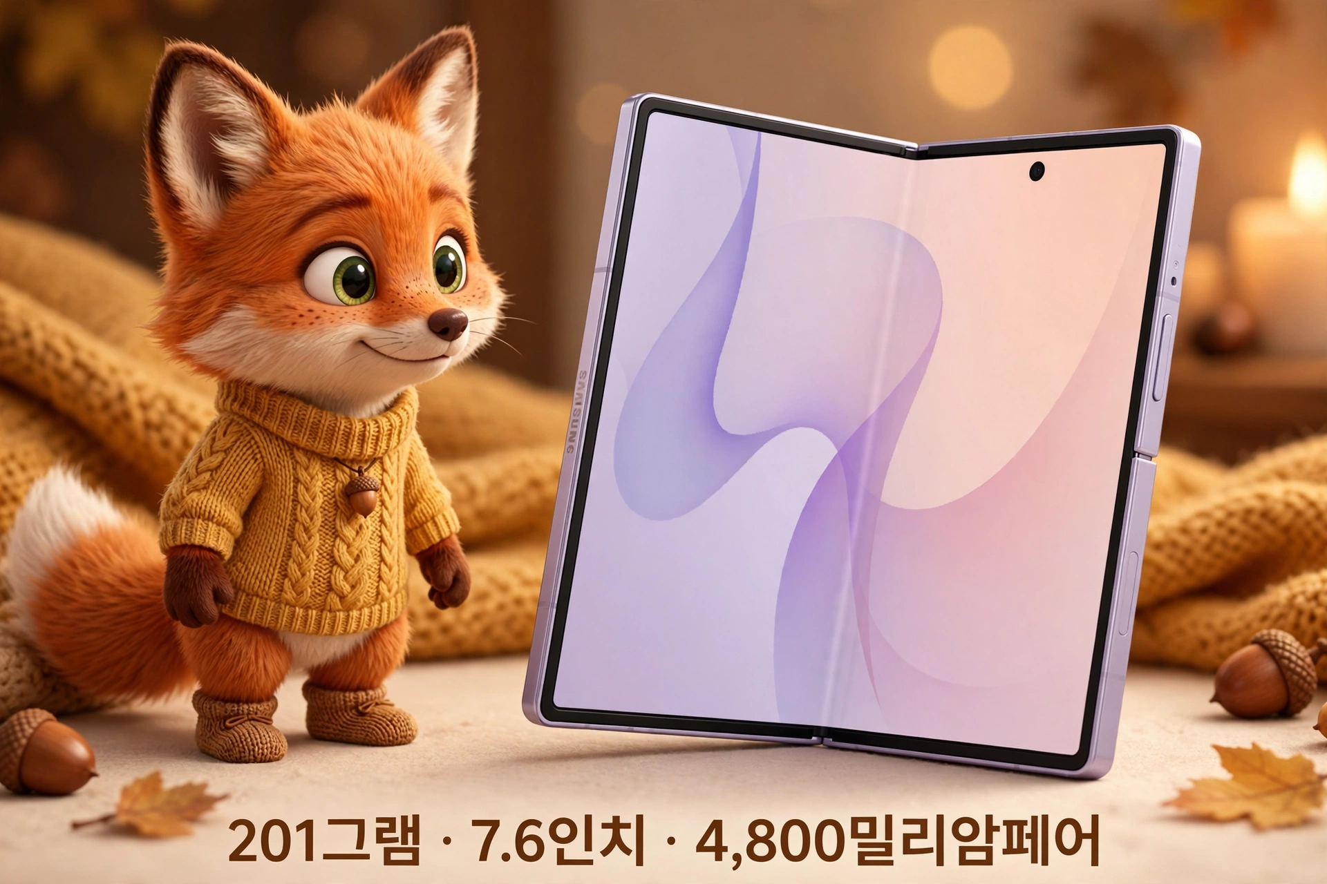 귀여운 여우 캐릭터가 노란색 스웨터를 입고 있으며, 7.6인치 화면을 가진 접이식 스마트폰이 옆에 놓여 있는 이미지. 스마트폰 스펙: 201그램, 4,800밀리암페어 배터리. 배경은 따뜻한 느낌의 자연적인 요소로 구성됨.