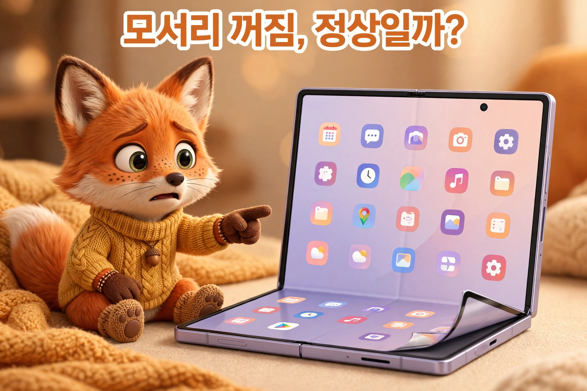 귀여운 여우 캐릭터가 접힌 스마트폰 화면을 가리키며 놀란 표정을 짓고 있는 이미지. 스마트폰에는 다양한 앱 아이콘이 표시되어 있으며, 배경은 따뜻한 색조의 담요로 장식되어 있음.
