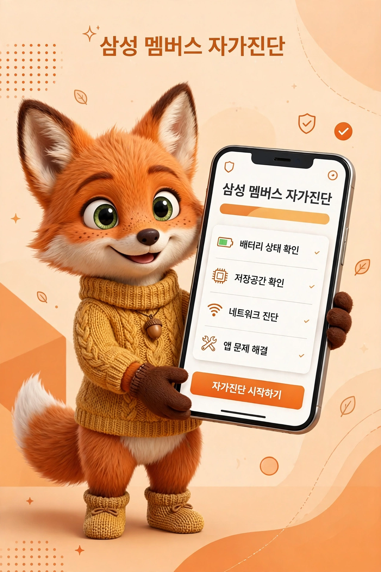 삼성 멤버스 자가진단 앱을 소개하는 귀여운 여우 캐릭터가 스마트폰을 들고 있는 이미지. 앱 화면에는 배터리 상태 확인, 저장공간 확인, 네트워크 진단, 앱 문제 해결 등의 옵션이 표시되어 있으며, 자가진단 시작하기 버튼이 강조되어 있음.
