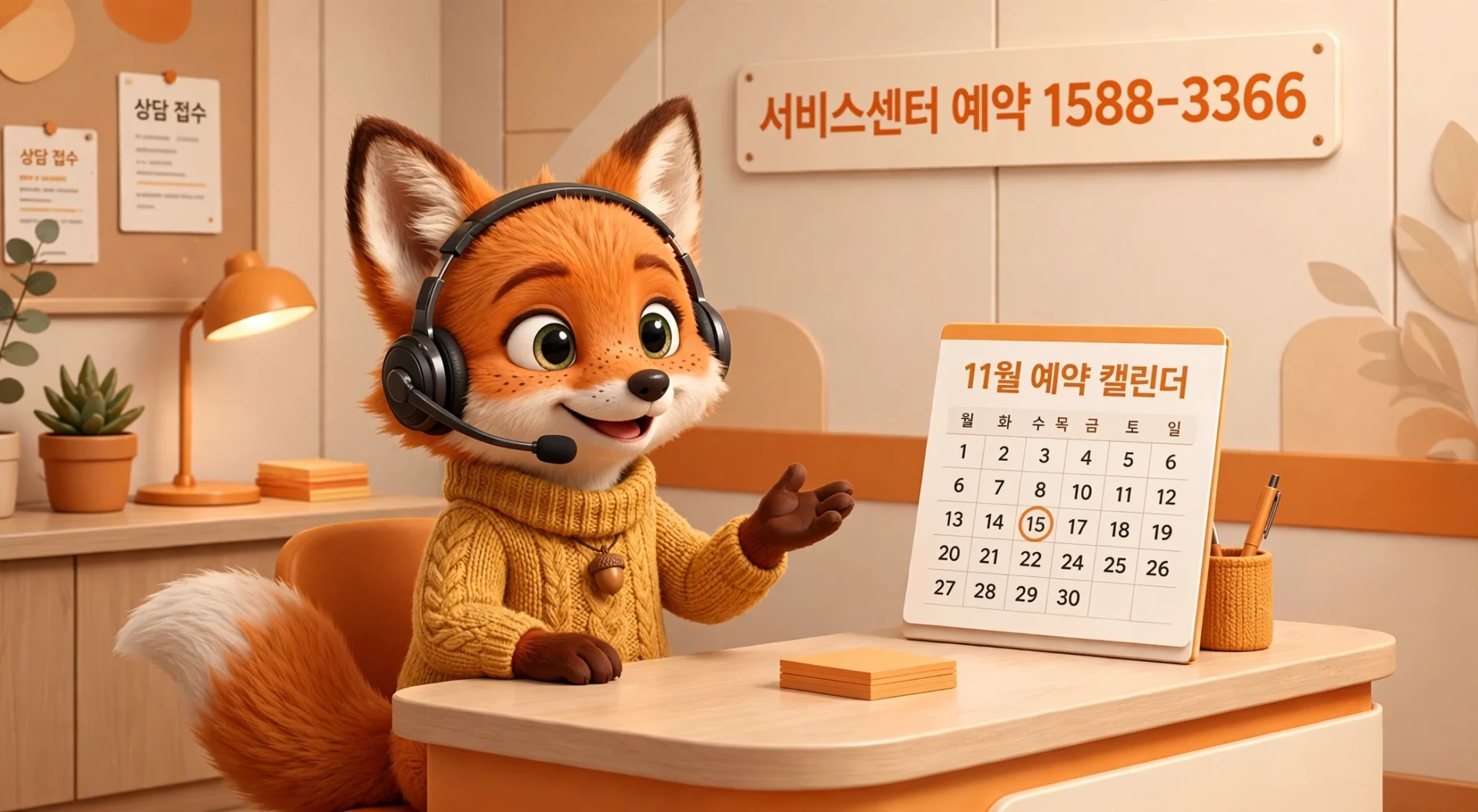 애니메이션 여우 캐릭터가 헤드셋을 착용하고 상담 데스크에 앉아 있는 모습, 배경에는 서비스 센터 예약 번호와 11월 예약 캘린더가 보인다.