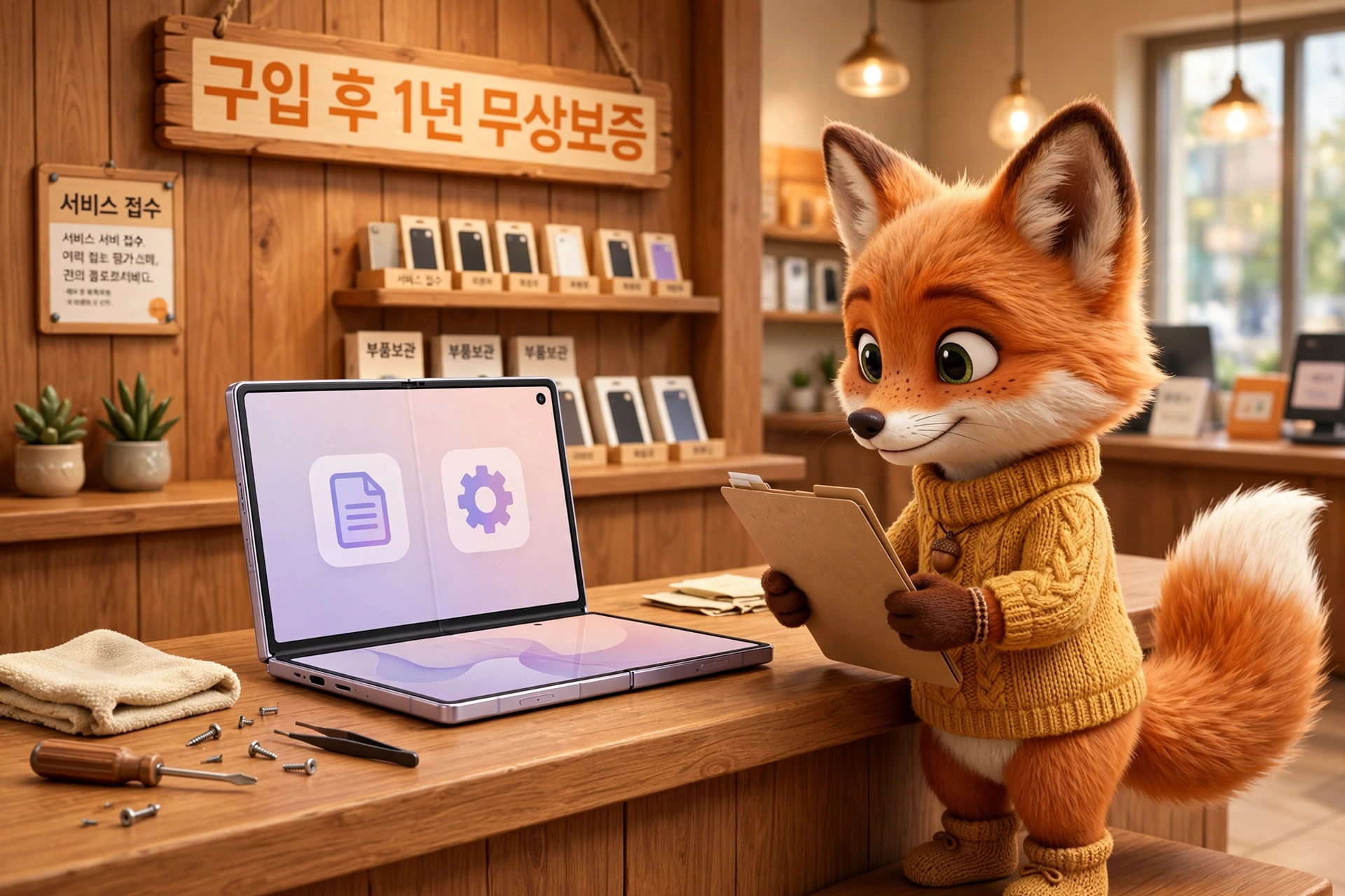 귀여운 여우 캐릭터가 컴퓨터 수리점에서 노트북을 바라보며 작업 목록을 확인하고 있는 모습. 배경에는 다양한 스마트폰이 진열되어 있고, "구입 후 1년 무상 보증" 안내문이 걸려 있음.
