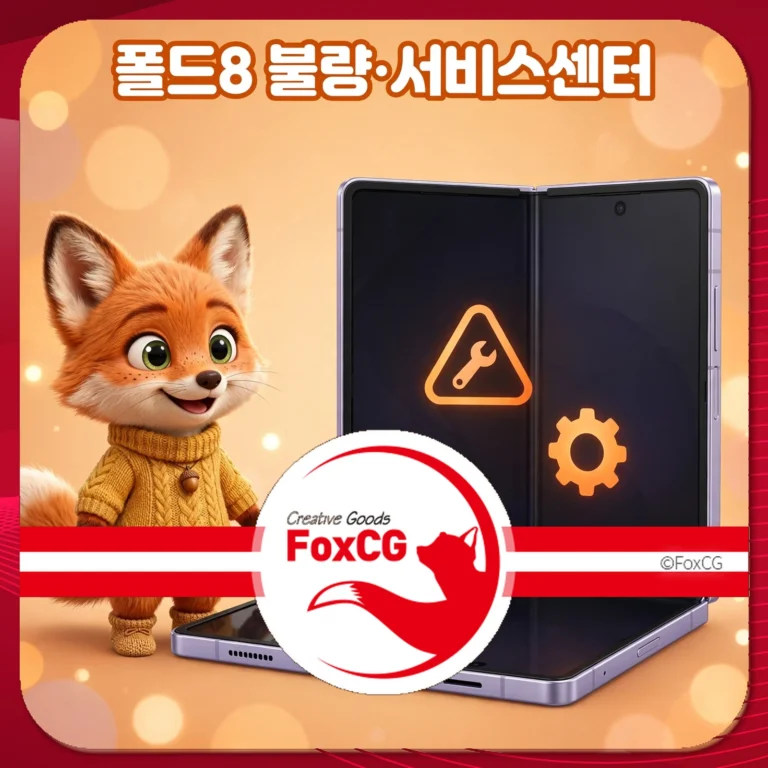 갤럭시 Z 폴드 8과 수리 아이콘이 포함된 이미지로, 불량 증상 및 서비스 센터 정보 제공을 위한 비주얼 요소.