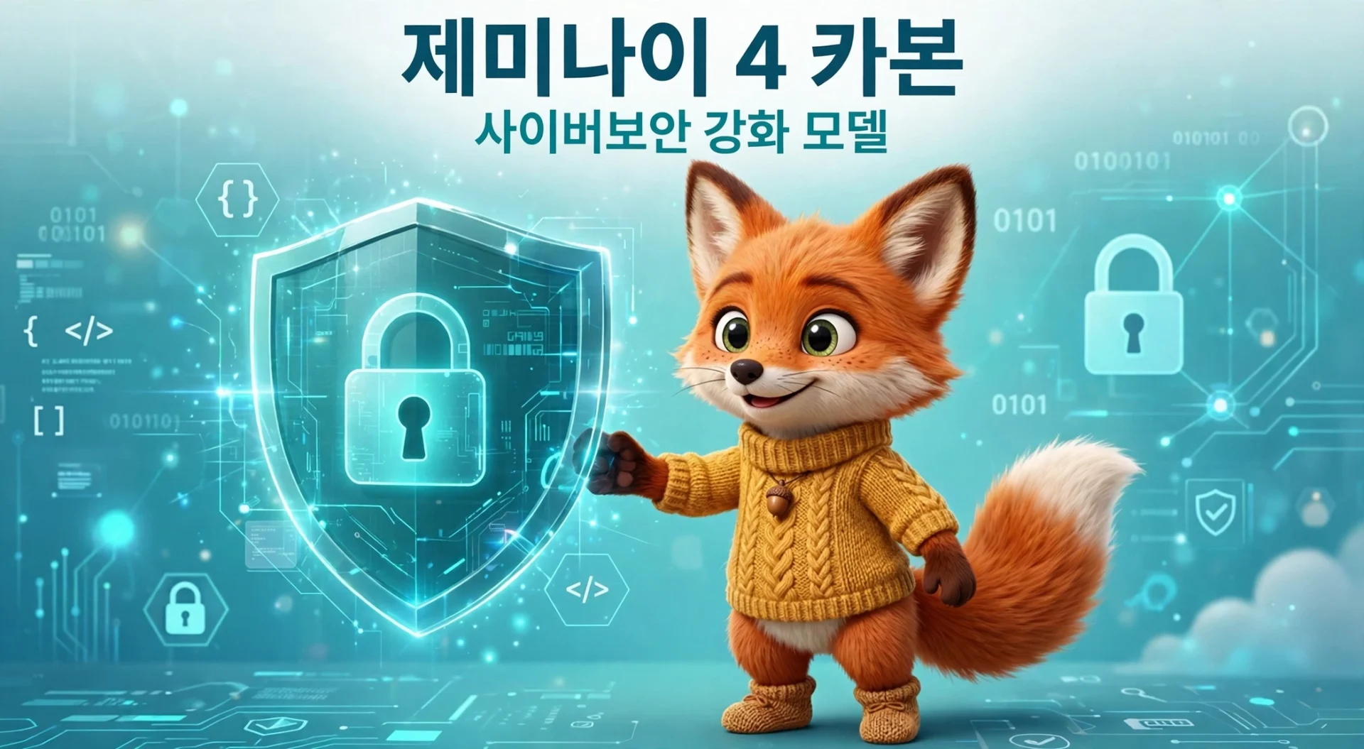 사이버보안 방어 작업을 돕는 여우 캐릭터 일러스트 — 제미나이 4 카본