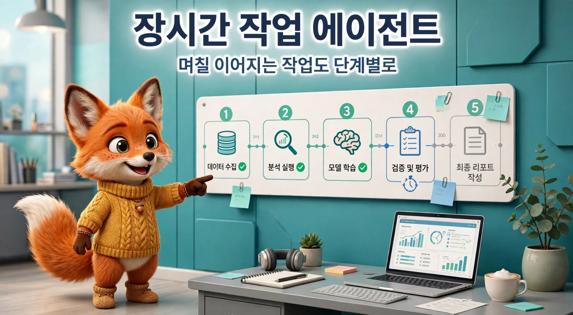며칠 이어지는 긴 작업을 단계별로 처리하는 여우 캐릭터 일러스트