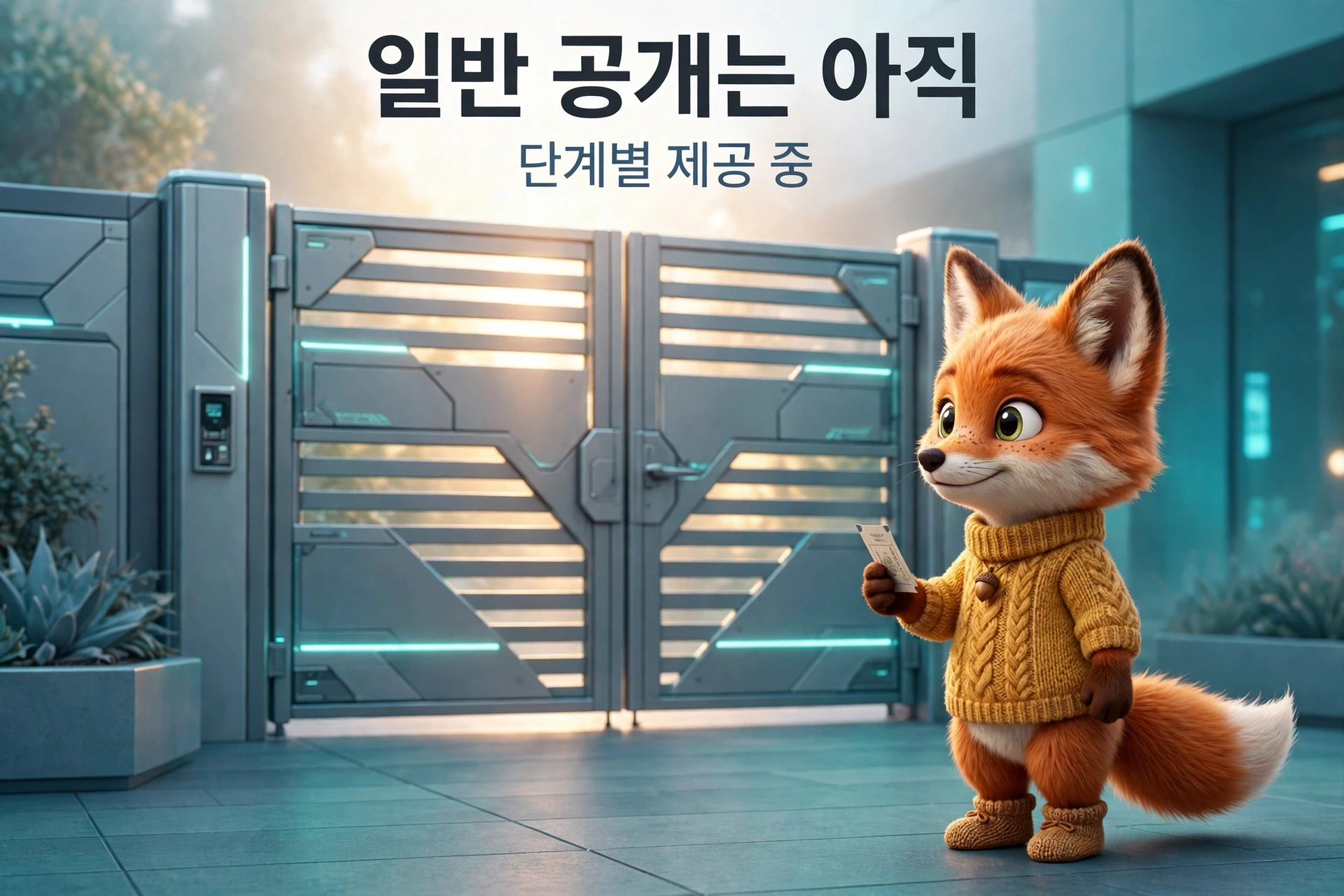 일반 공개를 기다리며 문 앞에서 대기하는 여우 캐릭터 일러스트