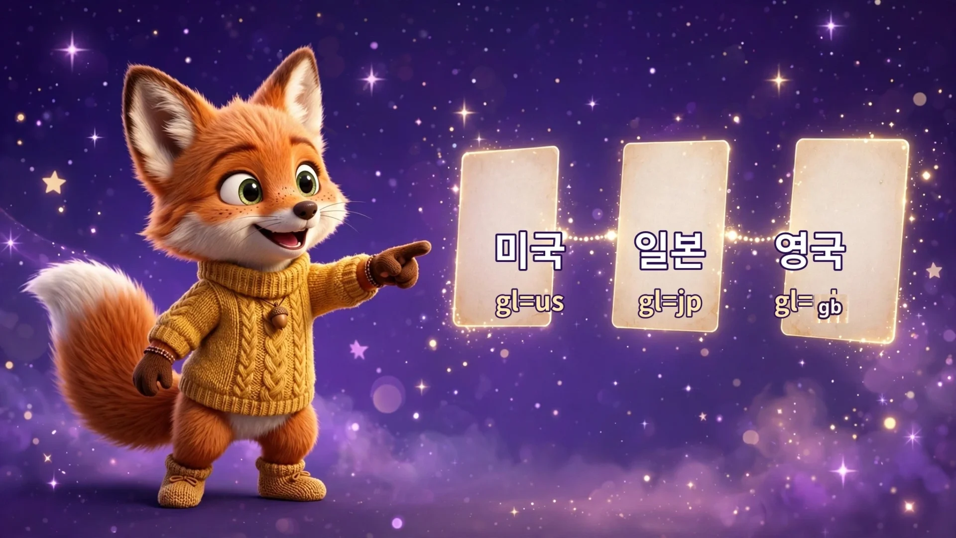 국가별 구글 바로가기 안내 — 미국 gl=us, 일본 gl=jp, 영국 gl=gb 국가 코드를 보여주는 카드 이미지