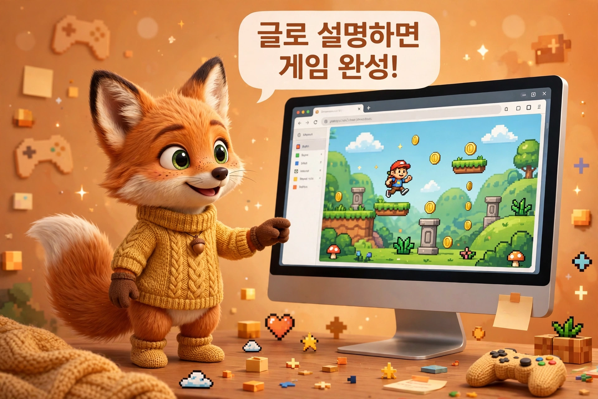 구글 플레이그라운드에서 글로 설명해 게임을 만드는 장면을 안내하는 여우 캐릭터