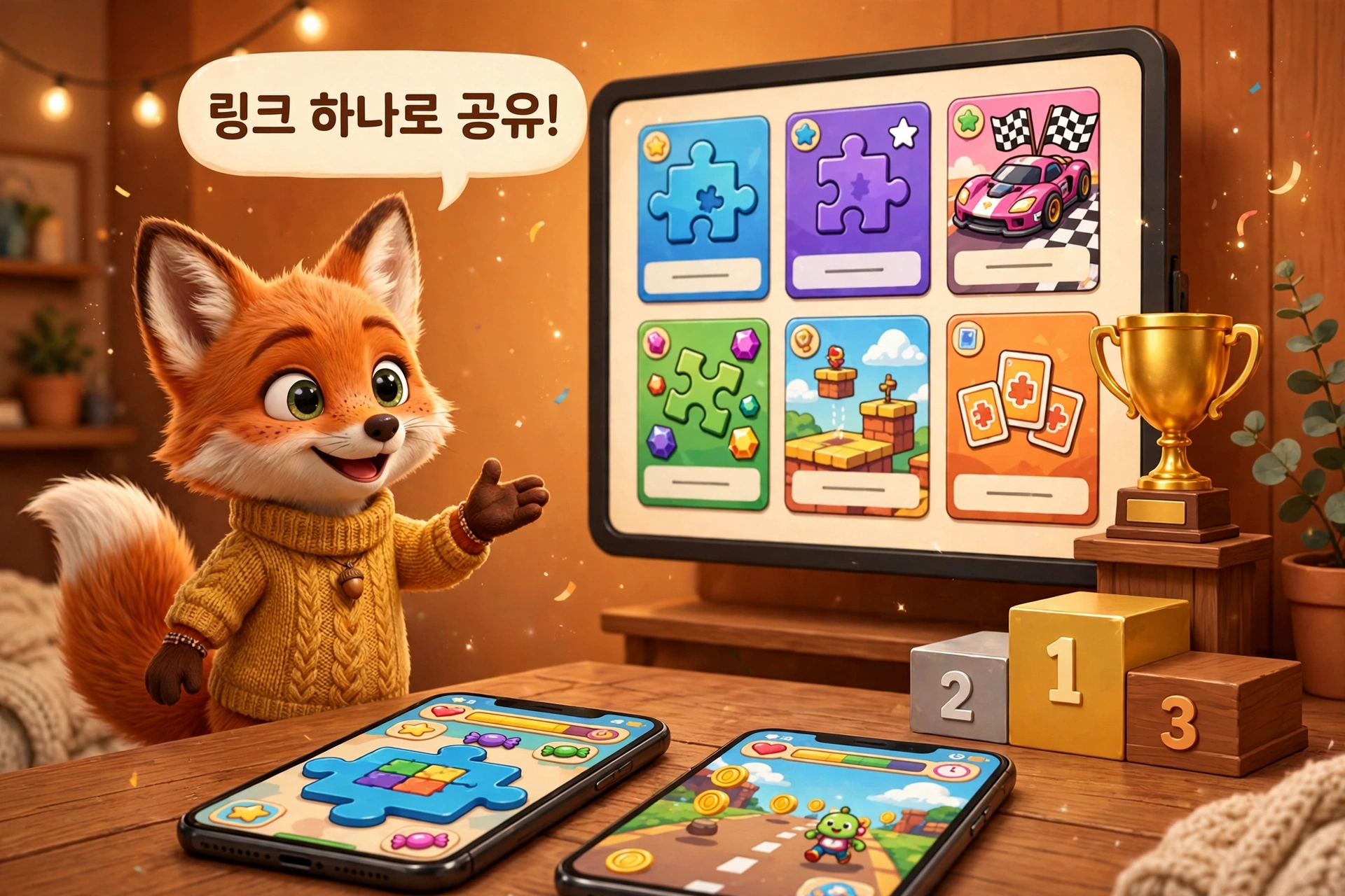 구글 플레이그라운드에서 만든 게임을 링크로 공유하고 갤러리에 공개하는 장면을 안내하는 여우 캐릭터