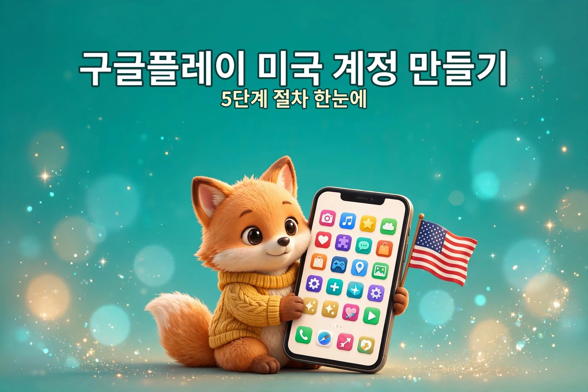 구글플레이 미국 계정 만들기 5단계 절차를 안내하는 여우 캐릭터 이미지