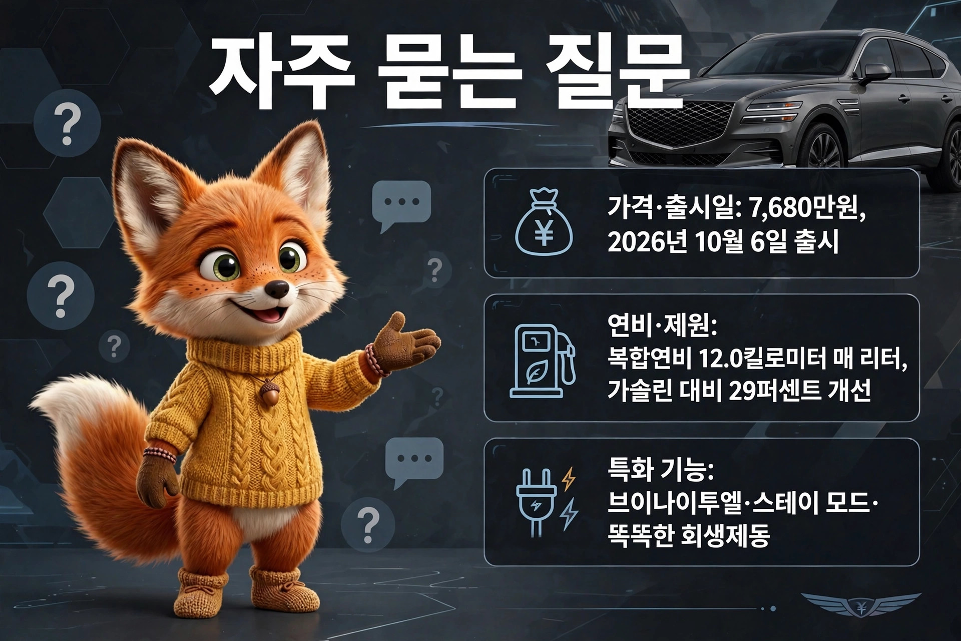 자동 임시글 페이지에 있는 이미지로, 귀여운 여우 캐릭터가 질문을 제시하며 차량 가격, 연비, 특화 기능에 대한 정보를 제공하는 디자인.