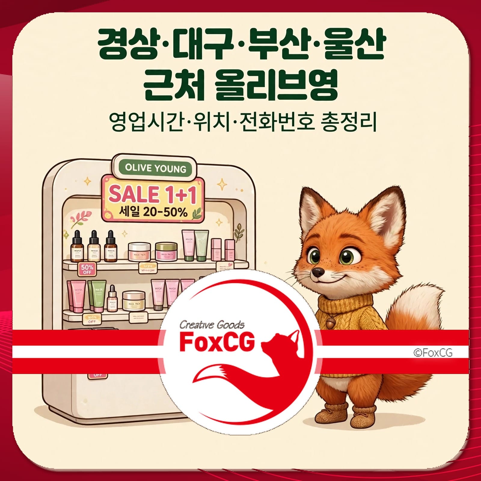 올리브영 매장 홍보 이미지, 세일 정보 포함, 경상, 대구, 부산, 울산 지역 안내, 1+1 행사 및 할인율 20-50% 표시.