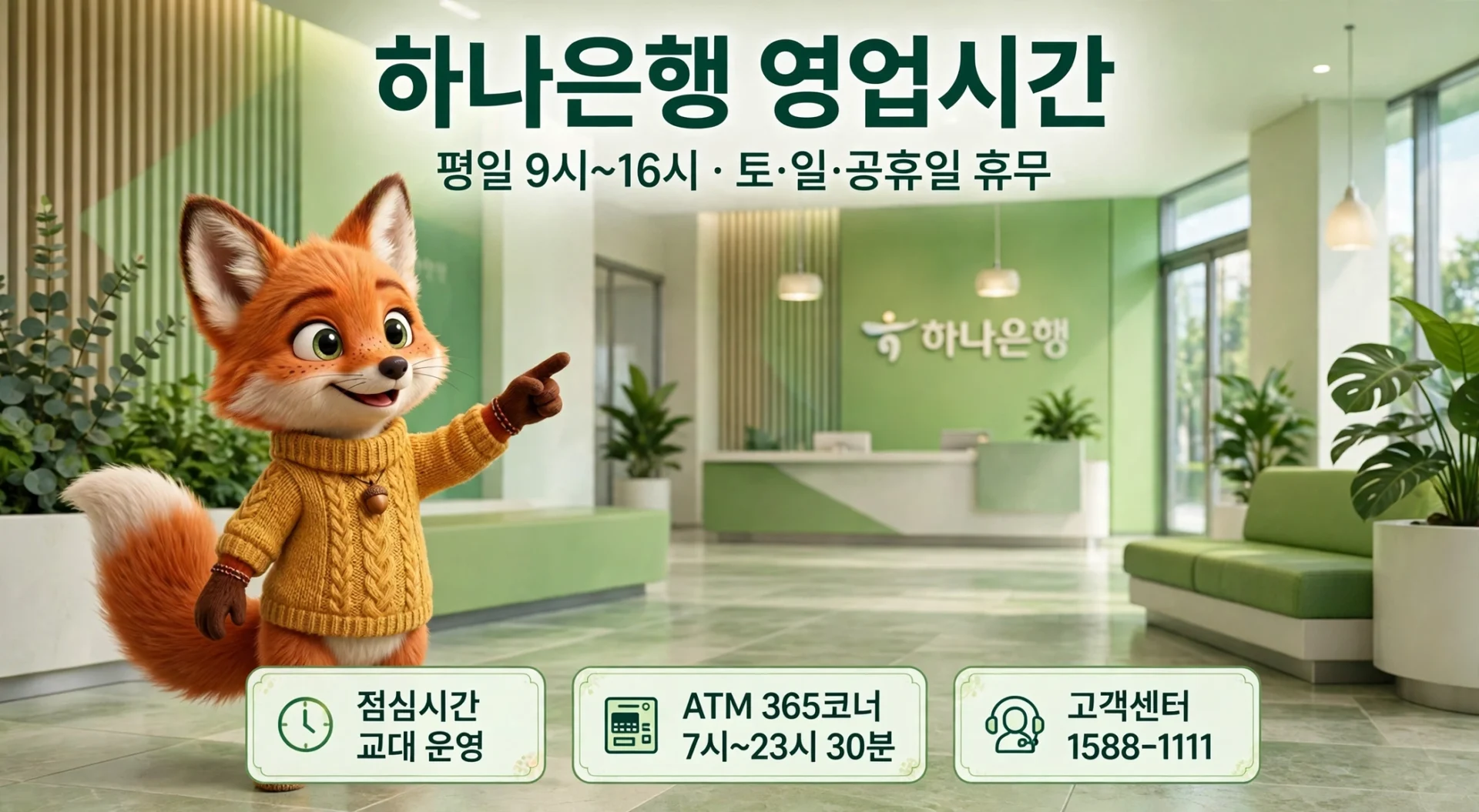 하나은행 영업시간 안내 — 평일 9시부터 16시까지, 토·일·공휴일 휴무, 점심시간 교대 운영