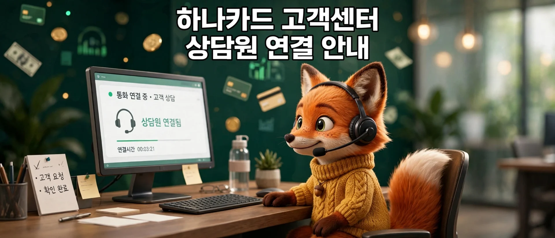 하나카드 고객센터 상담원 연결 안내 이미지 (헤드셋을 쓴 여우 상담원)