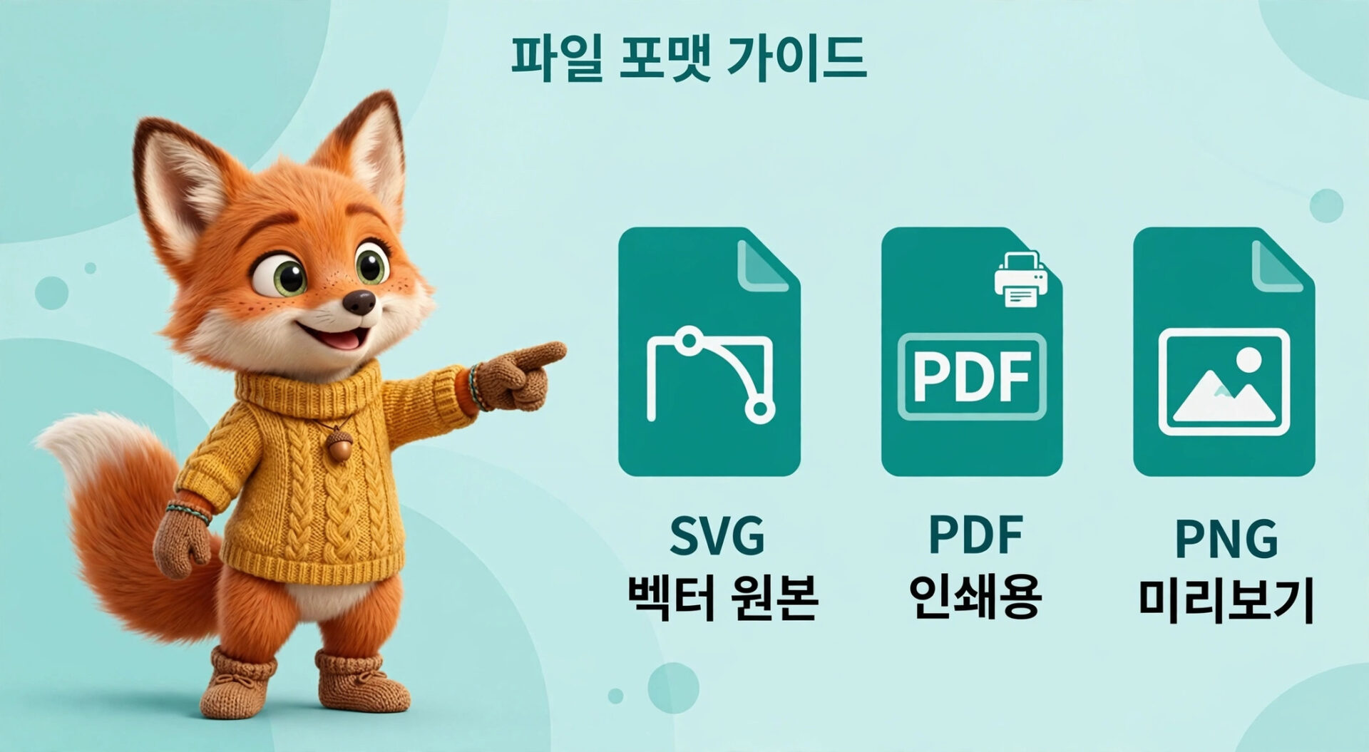 귀여운 여우 캐릭터가 다양한 파일 포맷(SVG, PDF, PNG)을 소개하는 이미지로, 파일 포맷 가이드에 대한 정보를 제공합니다.