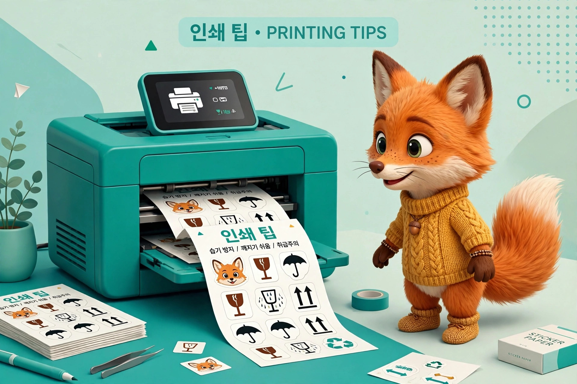 인쇄 팁을 제공하는 귀여운 여우 캐릭터와 함께한 프린터 이미지. 프린터에서 인쇄된 스티커와 다양한 아이콘이 보이며, 배경은 부드러운 색조로 꾸며져 있습니다.